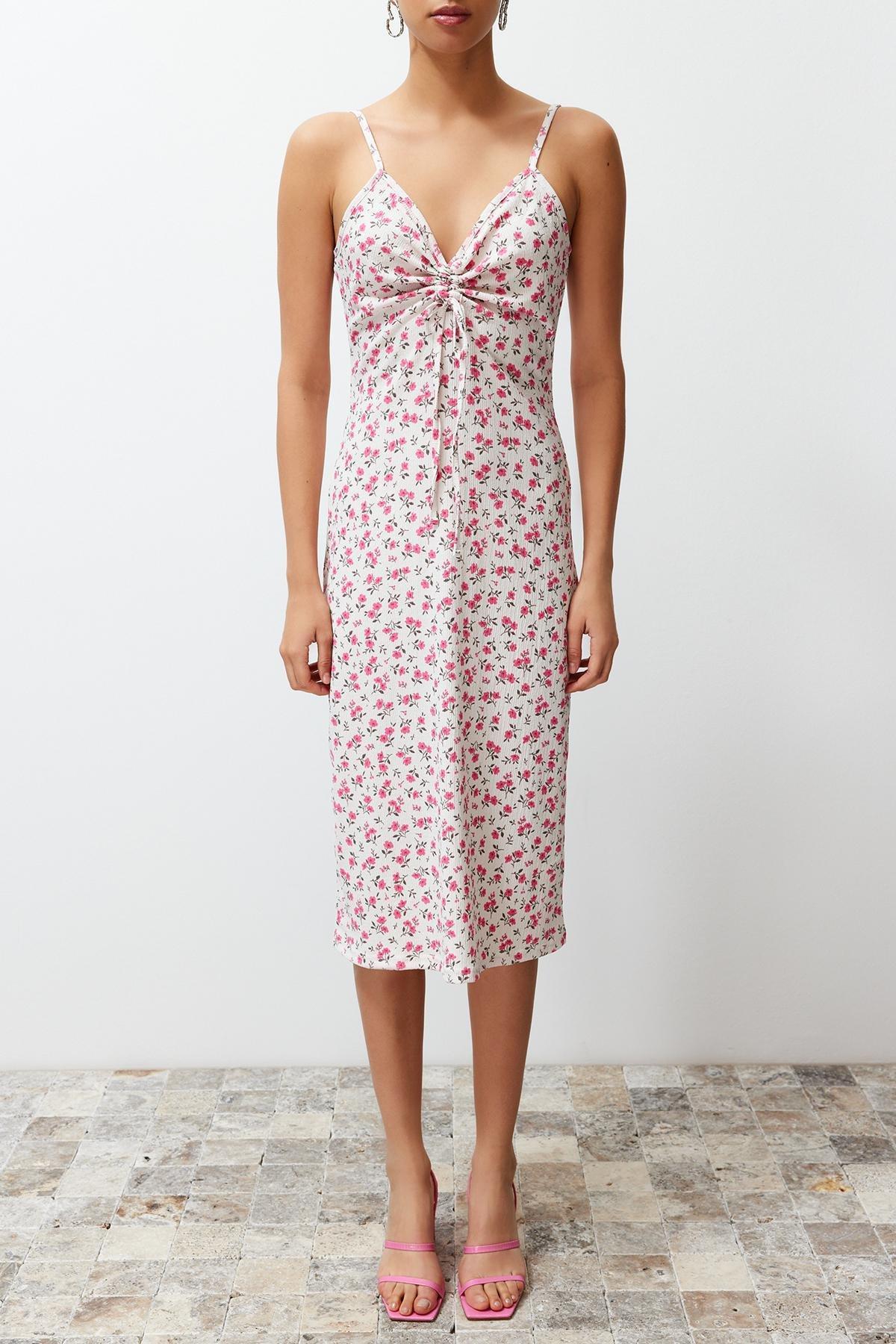 Ecru Floral Printed Skater Midi Knitted Dress, , large image number 2