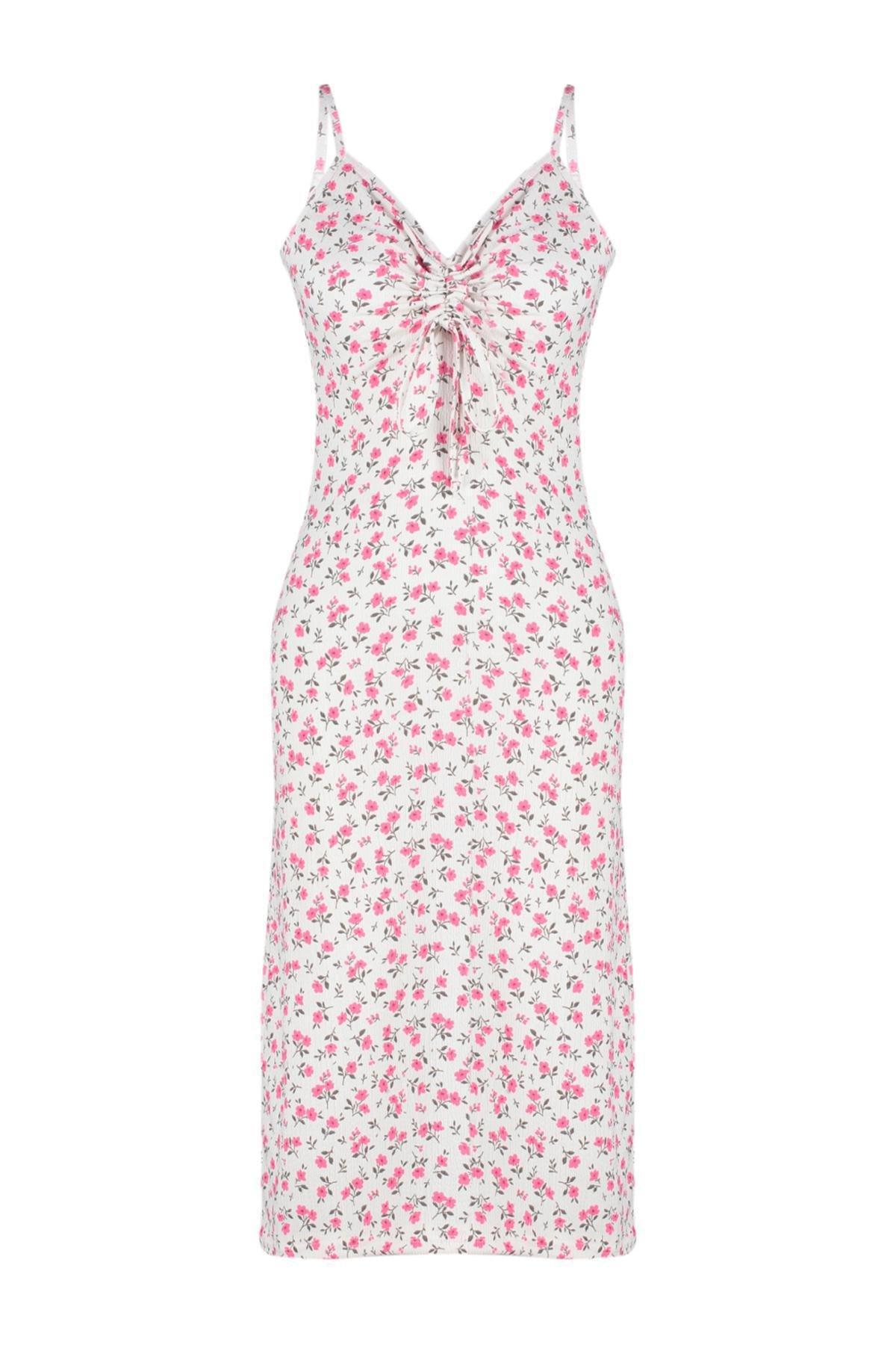 Ecru Floral Printed Skater Midi Knitted Dress, , large image number 4
