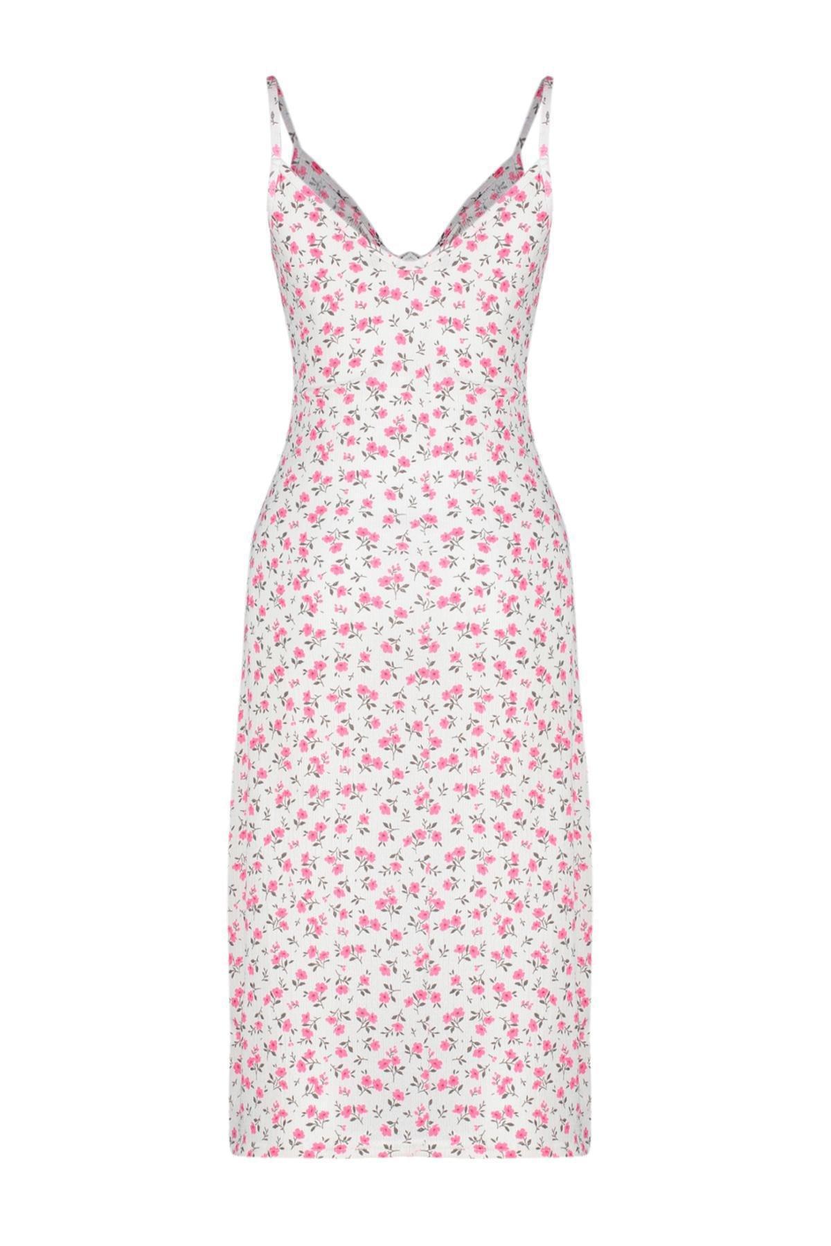 Ecru Floral Printed Skater Midi Knitted Dress, , large image number 5