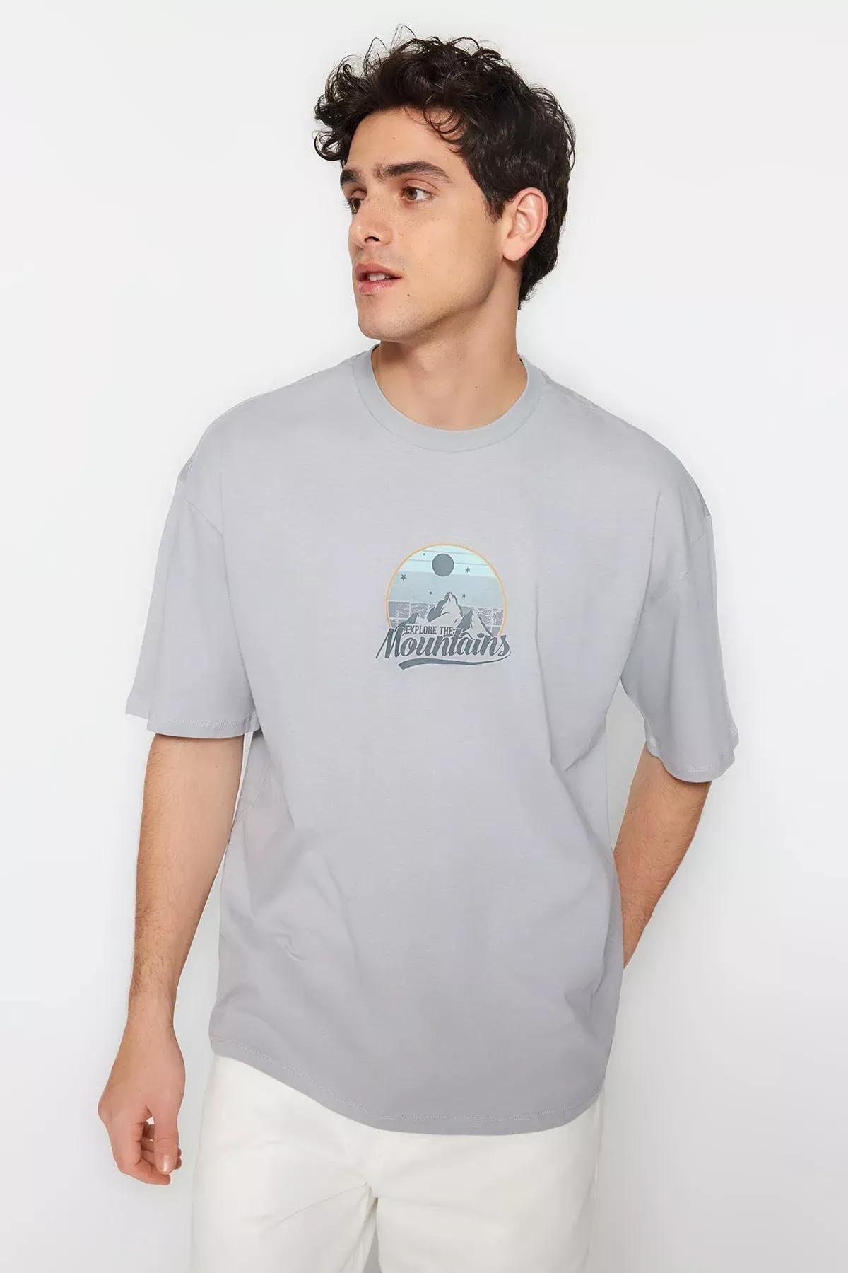 Grey Printed Relaxed T-Shirt, , large image number 0
