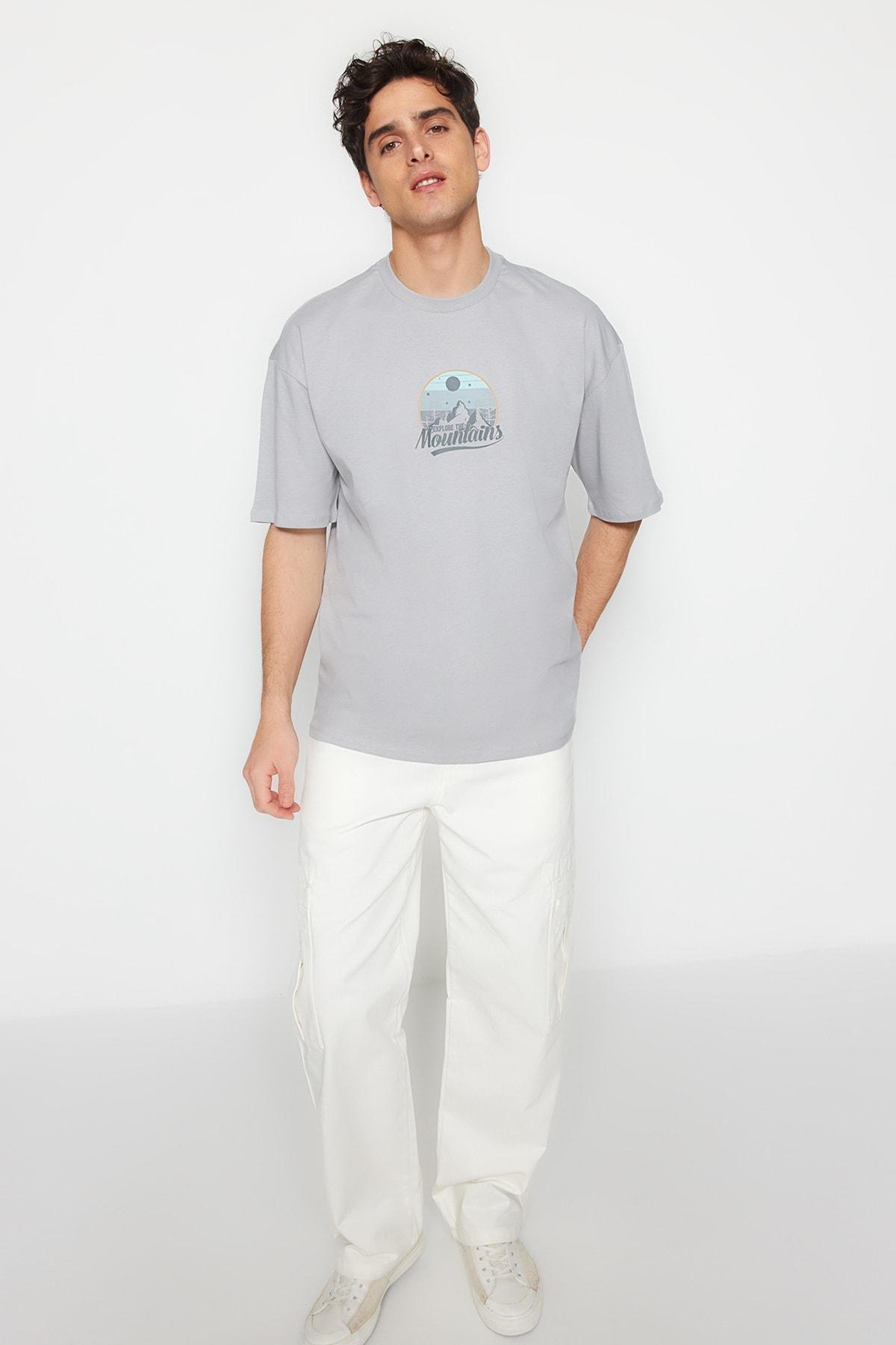 Trendyol - Grey Printed Relaxed T-Shirt