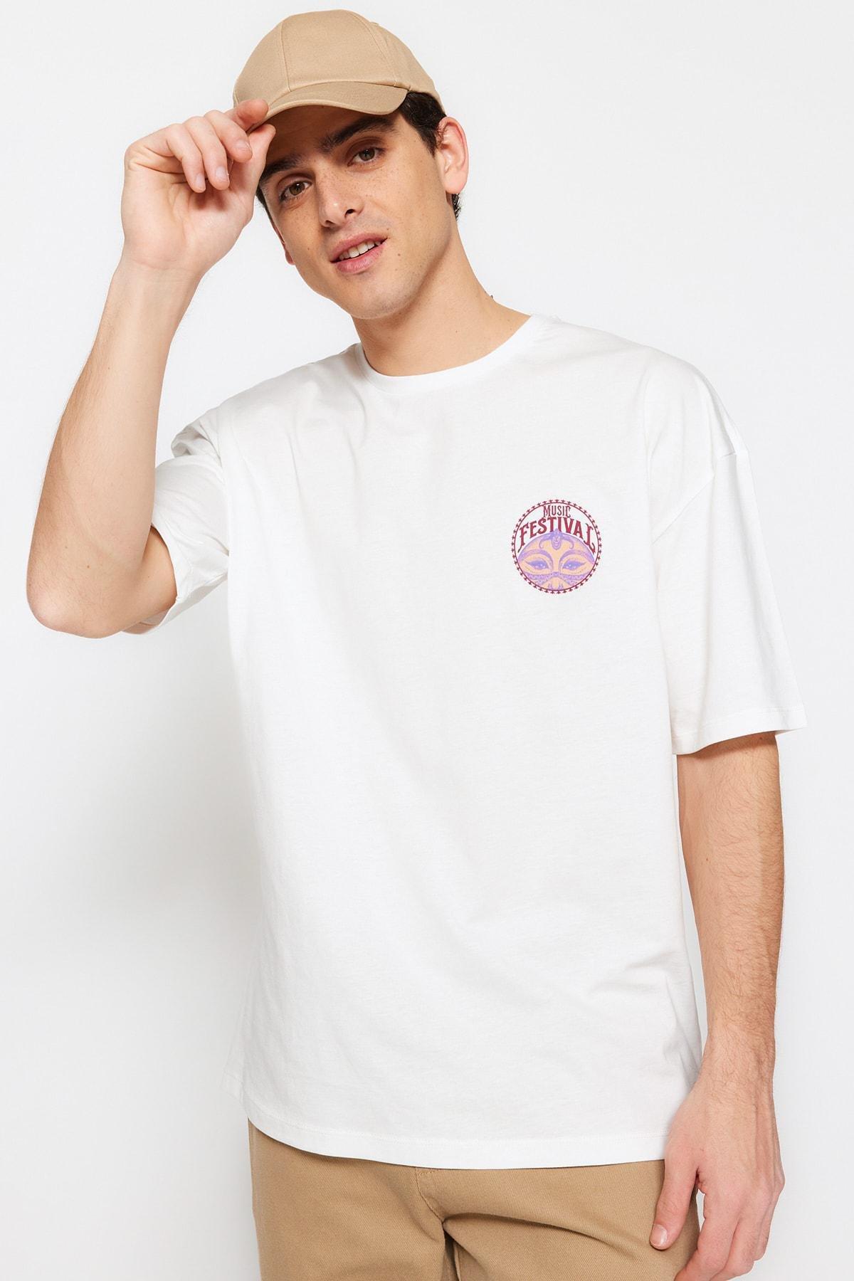 Cream Printed Oversize T-Shirt, , large image number 0