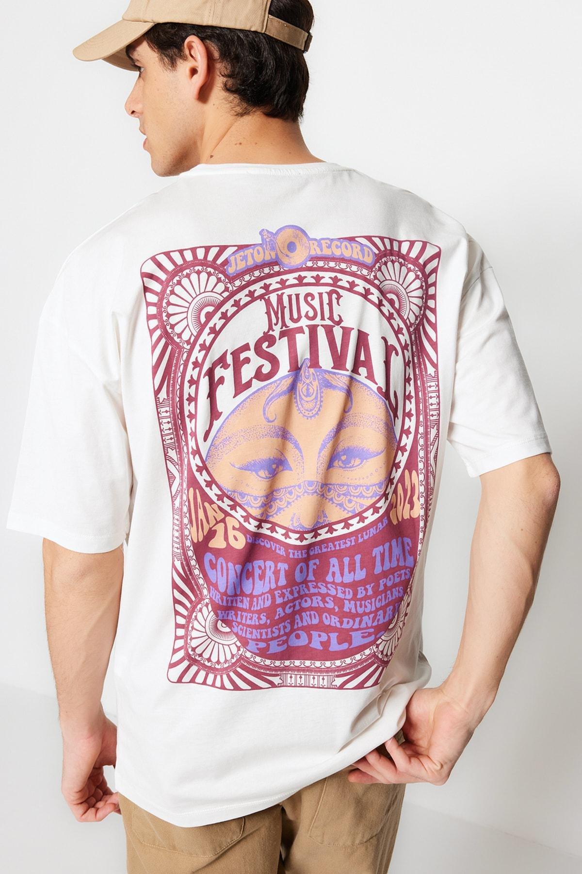 Cream Printed Oversize T-Shirt, , large image number 1