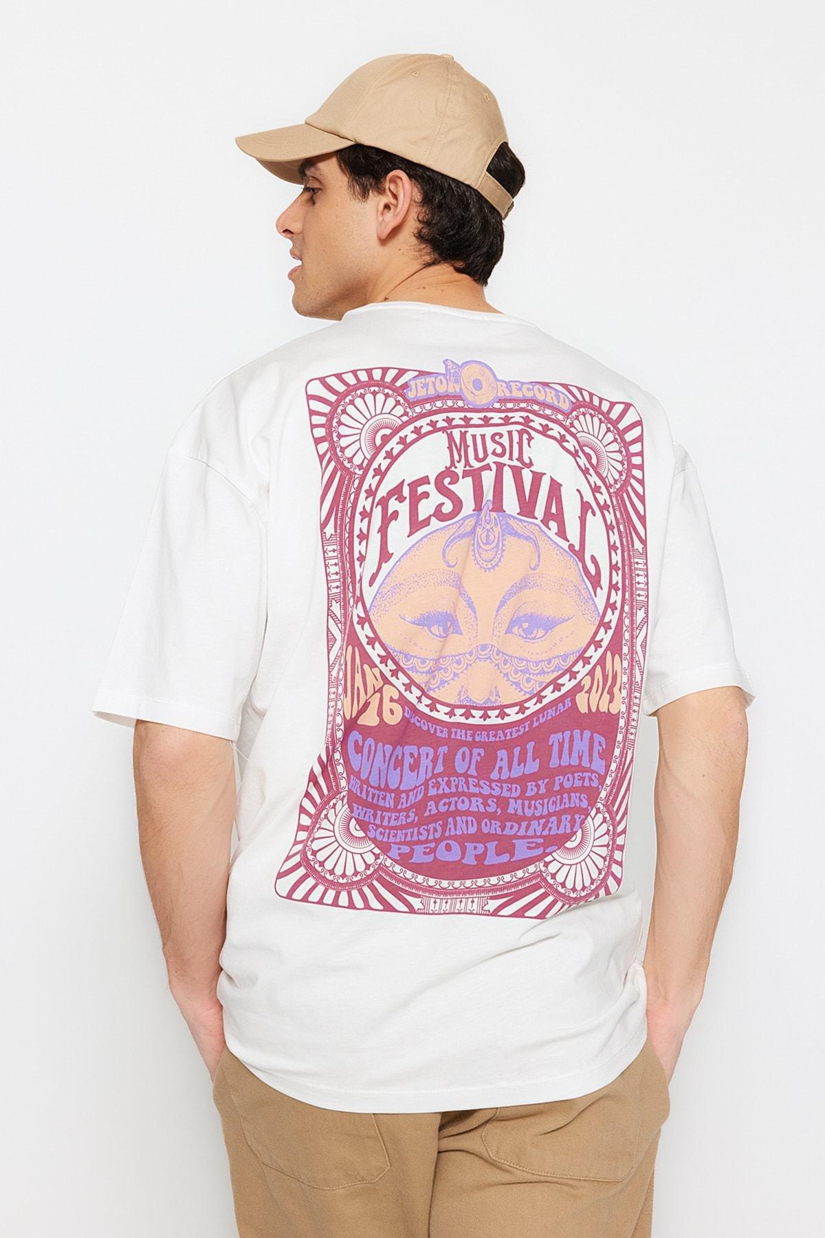 Cream Printed Oversize T-Shirt, , large image number 2