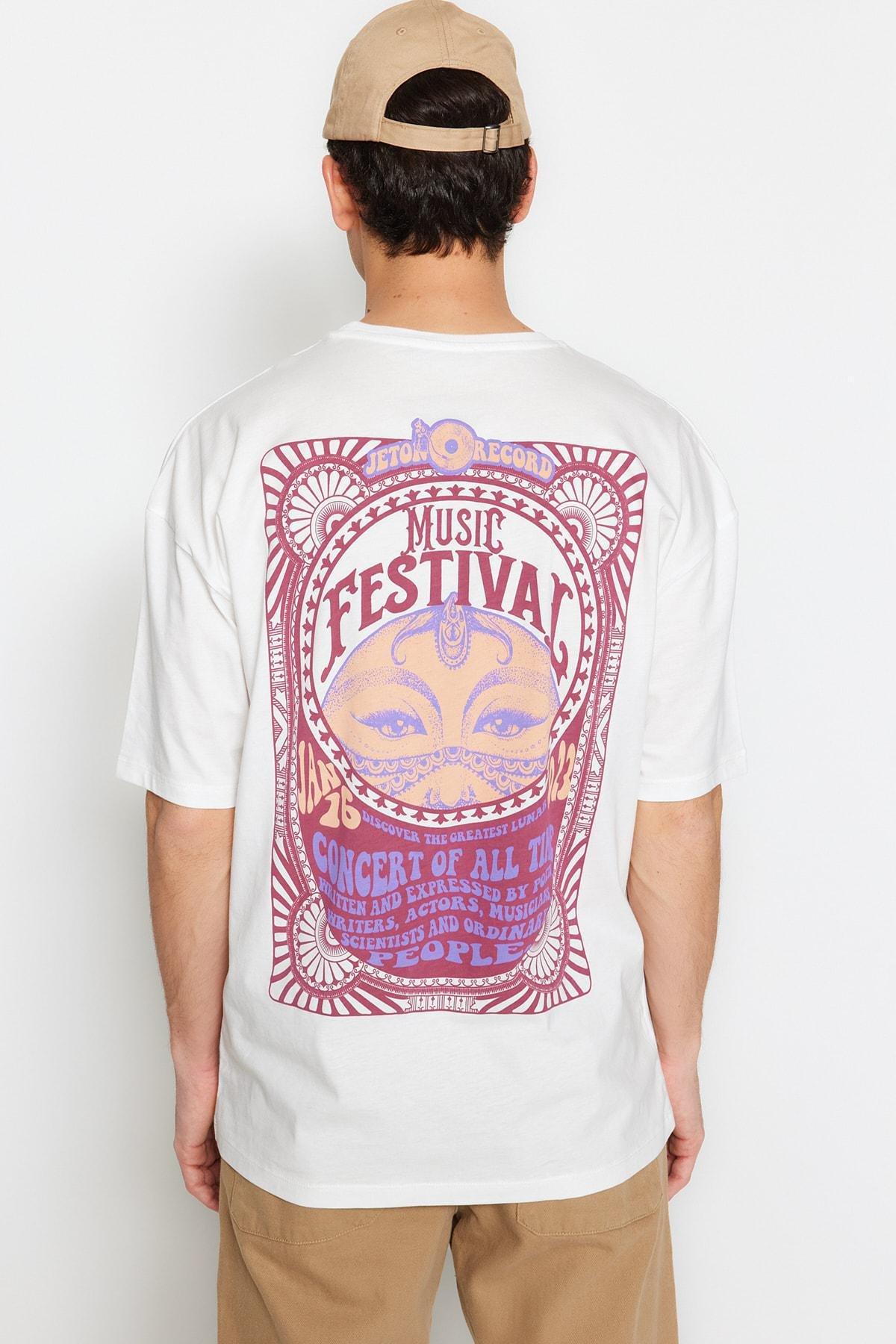 Cream Printed Oversize T-Shirt, , large image number 3