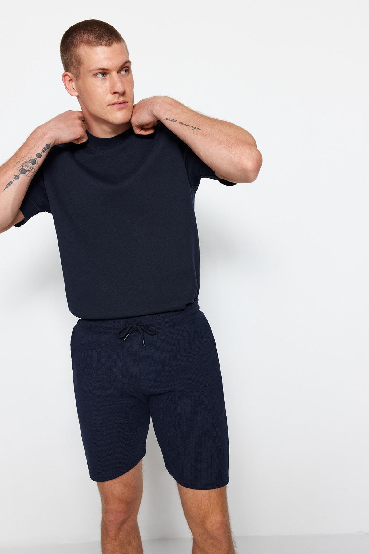 Navy Mid Waist Shorts, , large image number 1