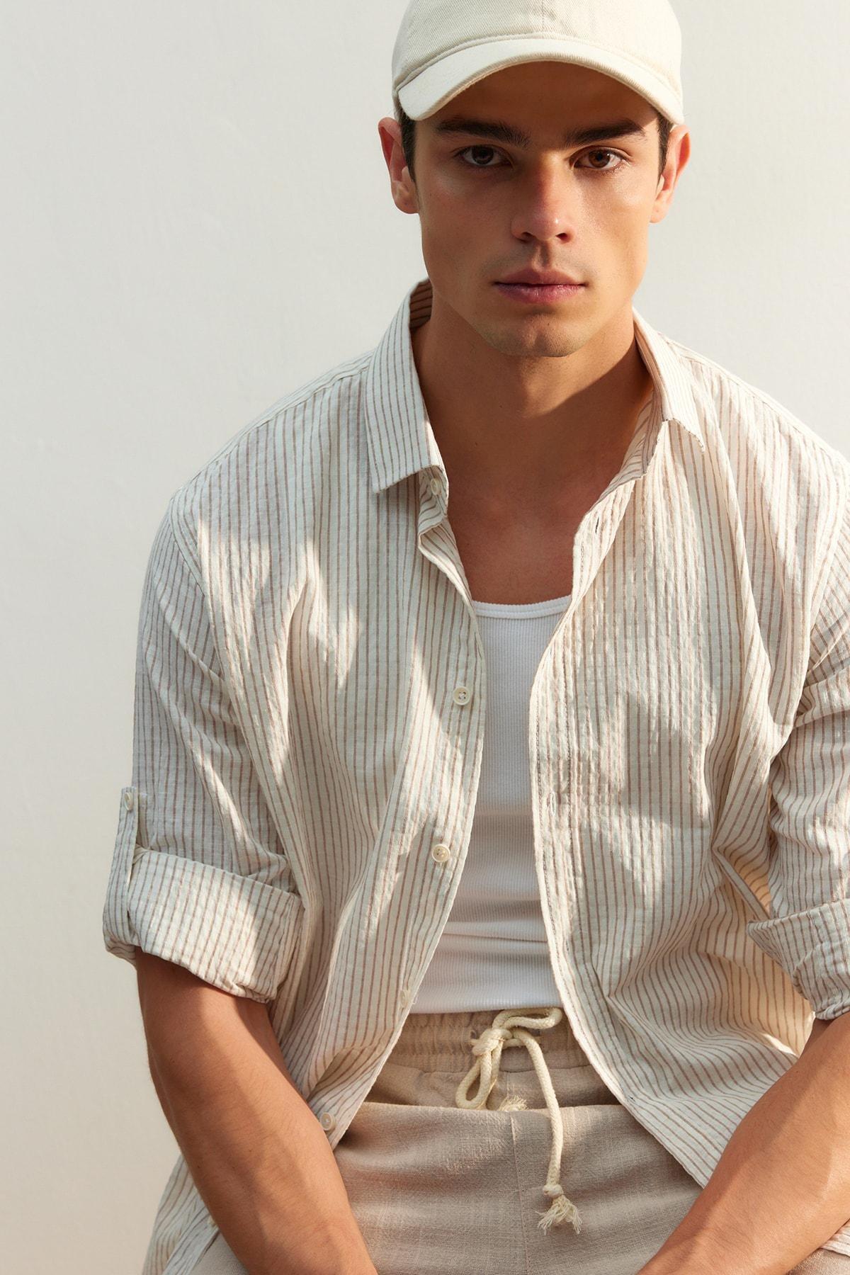 Brown Striped Collared Shirt, , medium