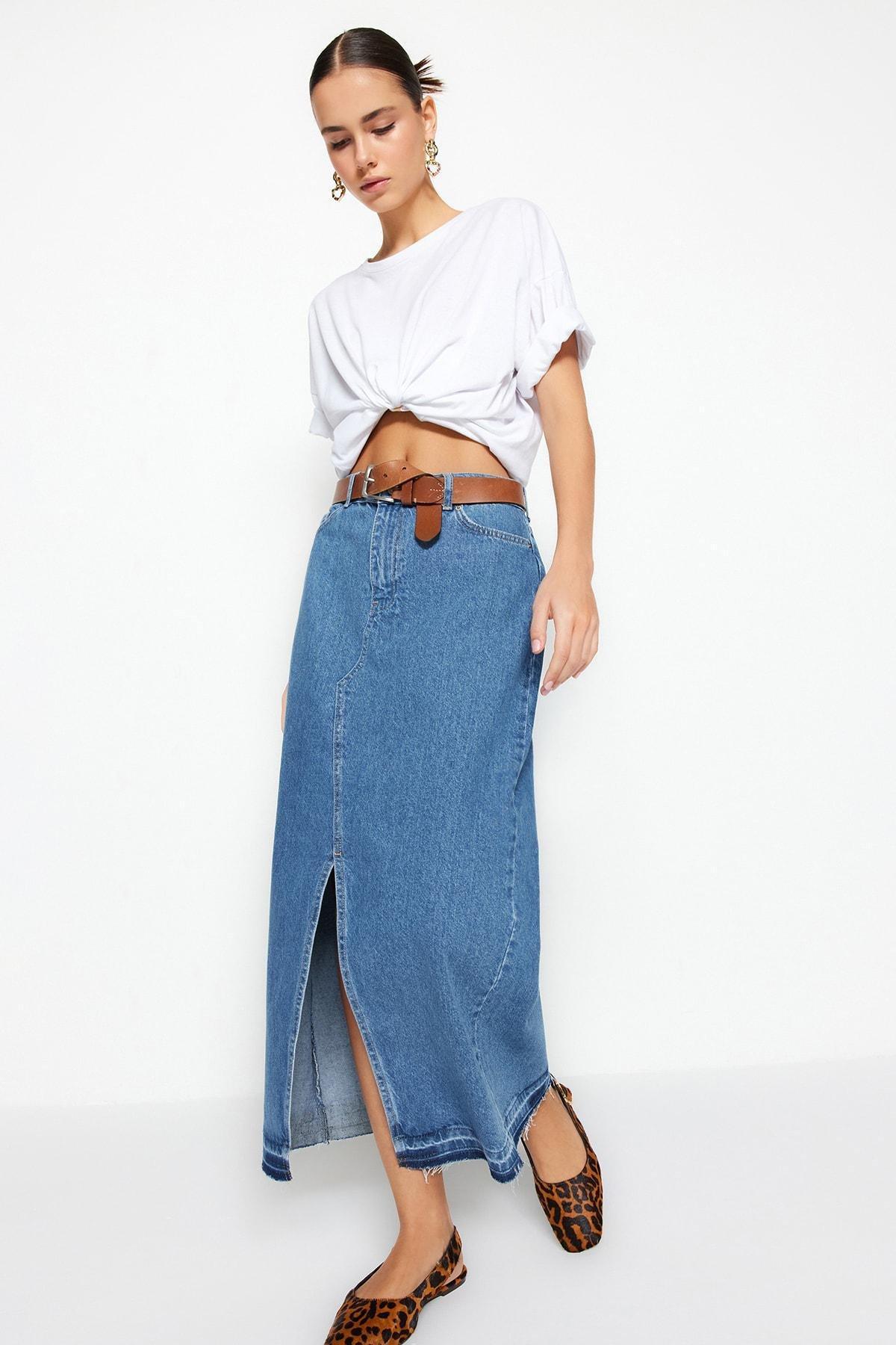 Blue A-Line Maxi Skirt, , large image number 0
