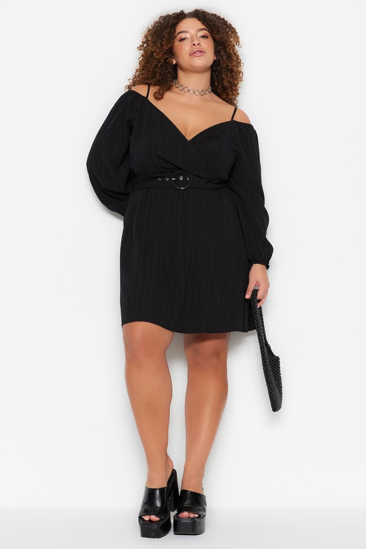 Black Cache-Coeur Plus Size Skater Dress, , large image number 0