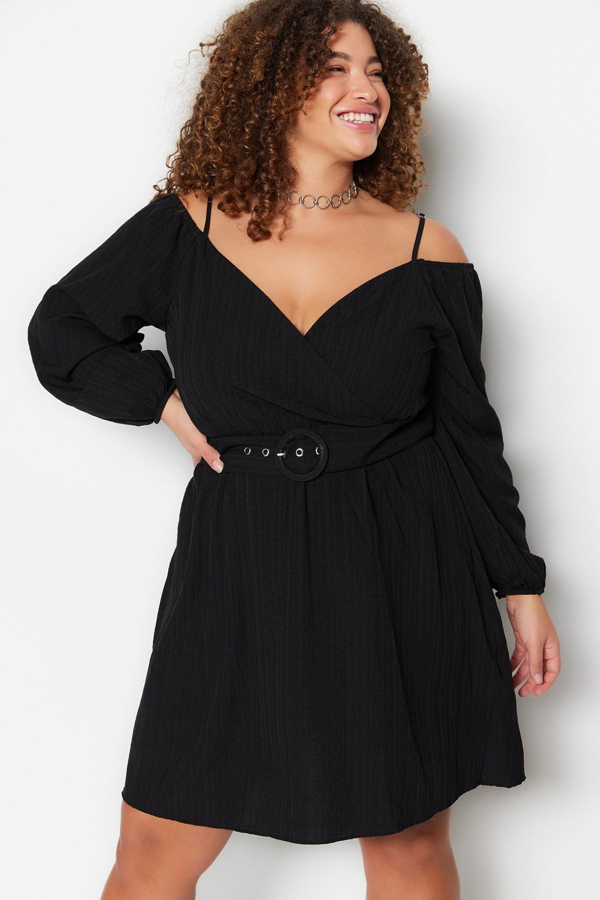 Black Cache-Coeur Plus Size Skater Dress, , large image number 1