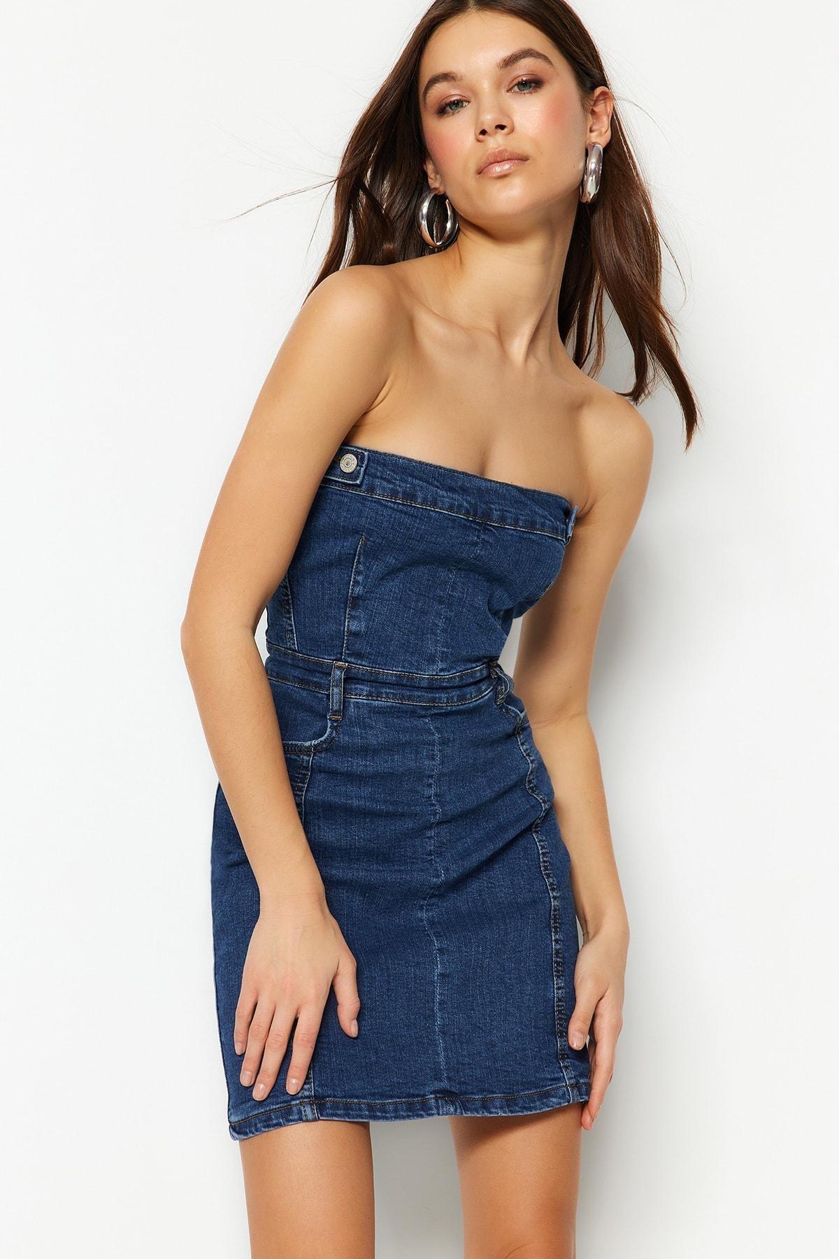 Blue Sleeveless Mini Denim Dress, , large image number 1