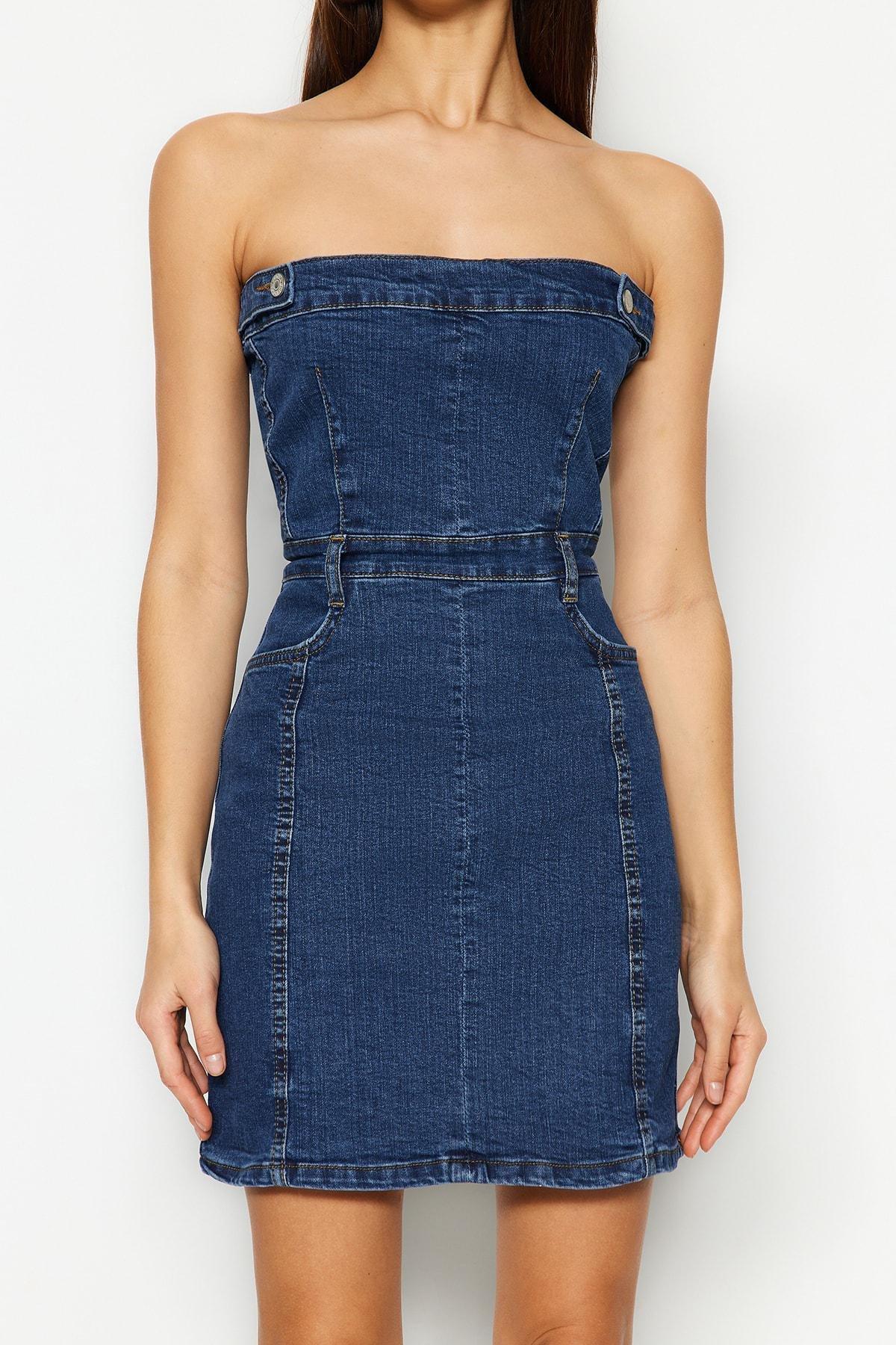 Blue Sleeveless Mini Denim Dress, , large image number 3