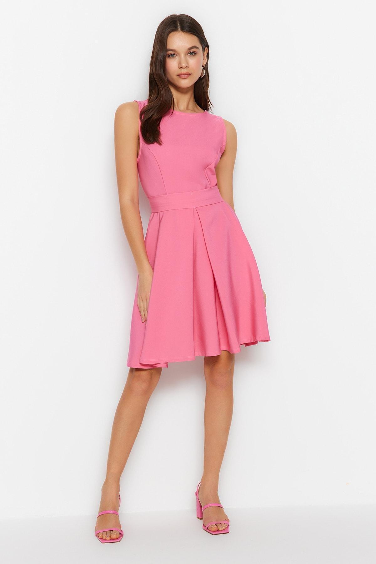 Pink Crew Neck A-Line Dress, , large image number 1