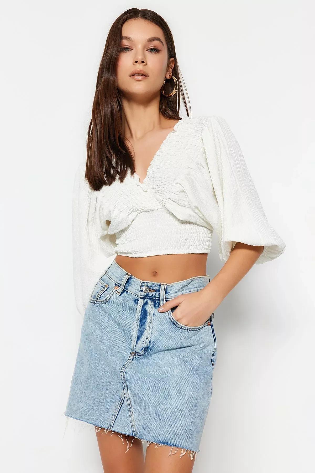 Cream V-Neck Balloon Sleeve Blouse, Ecru, large image number 1