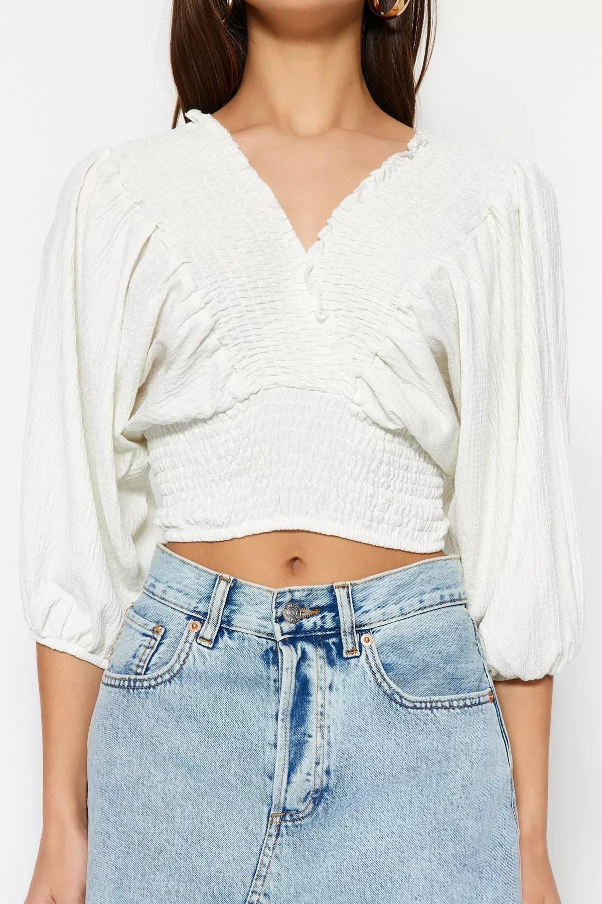 Cream V-Neck Balloon Sleeve Blouse, Ecru, large image number 2