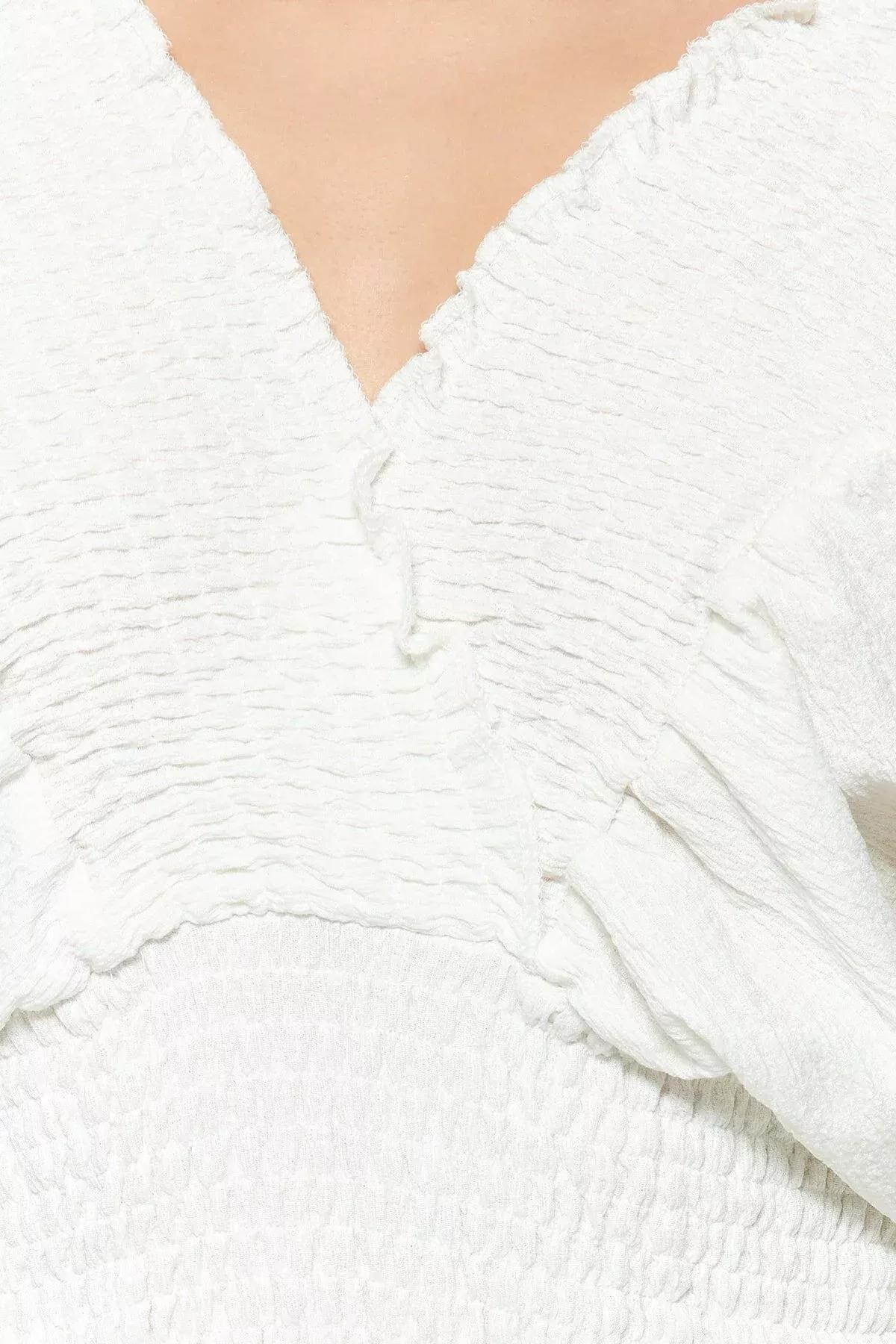 Cream V-Neck Balloon Sleeve Blouse, Ecru, large image number 3