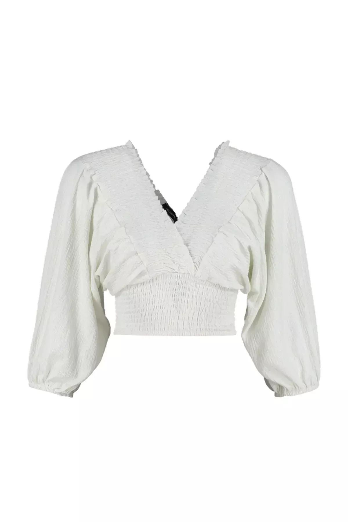 Cream V-Neck Balloon Sleeve Blouse, Ecru, large image number 5