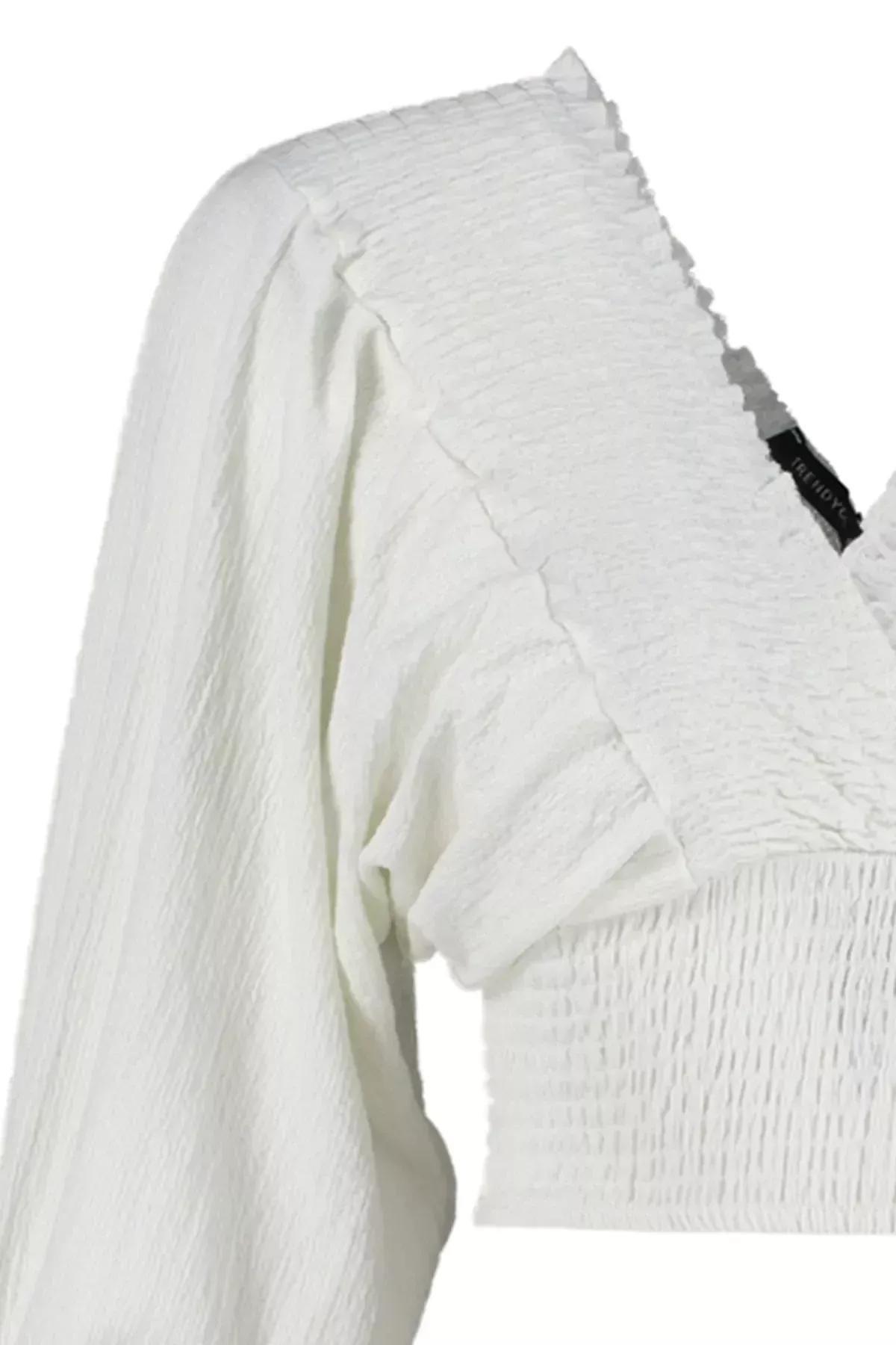 Cream V-Neck Balloon Sleeve Blouse, Ecru, large image number 6