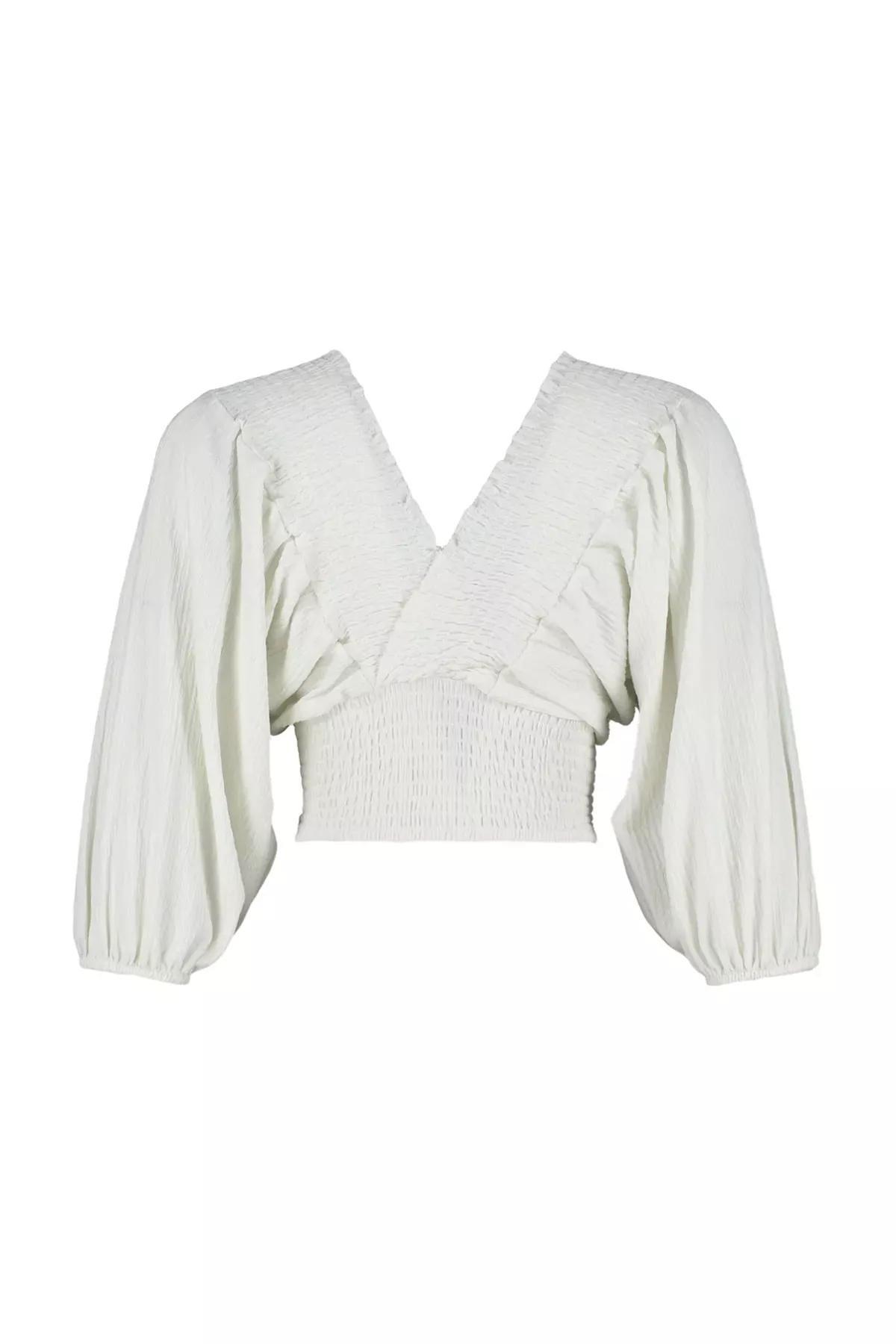 Cream V-Neck Balloon Sleeve Blouse, Ecru, large image number 7