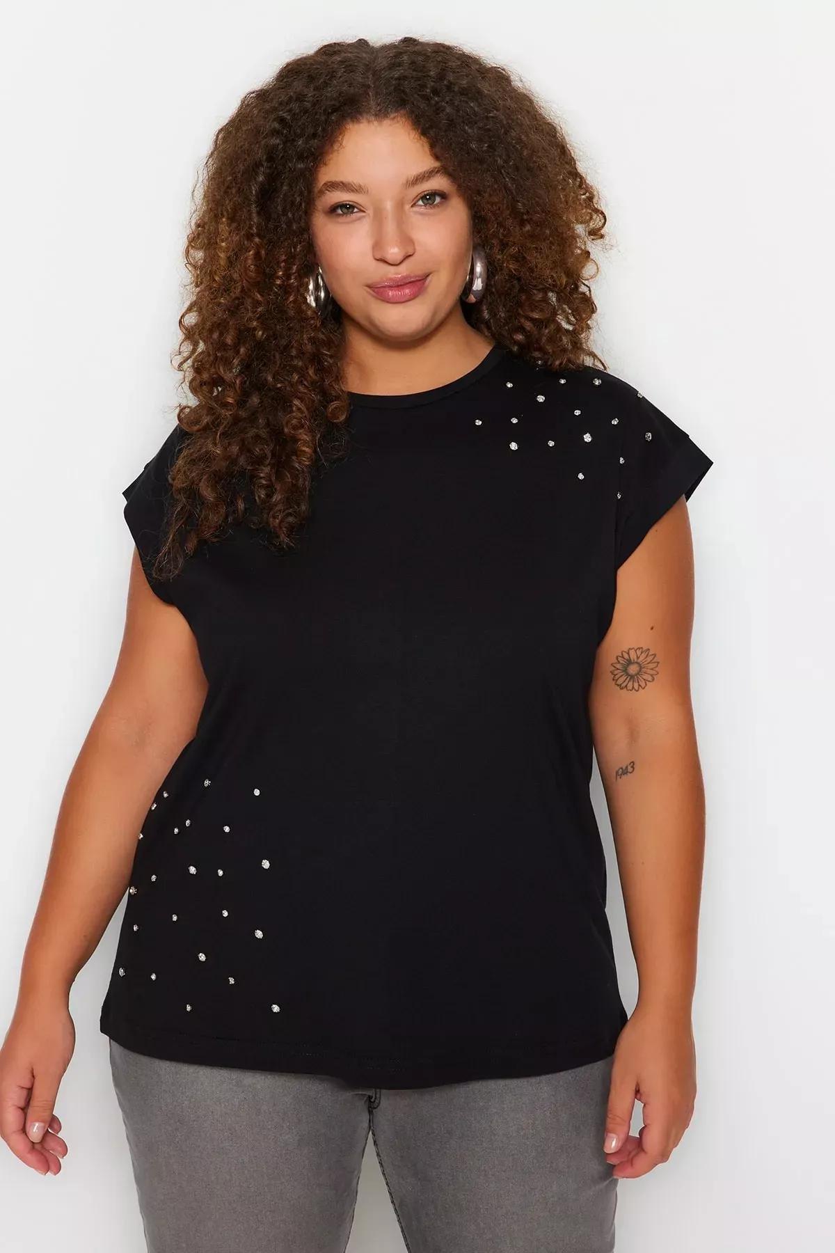 تيشيرت بقصة مريحة للمقاسات الكبيرة، أسود, Black, medium