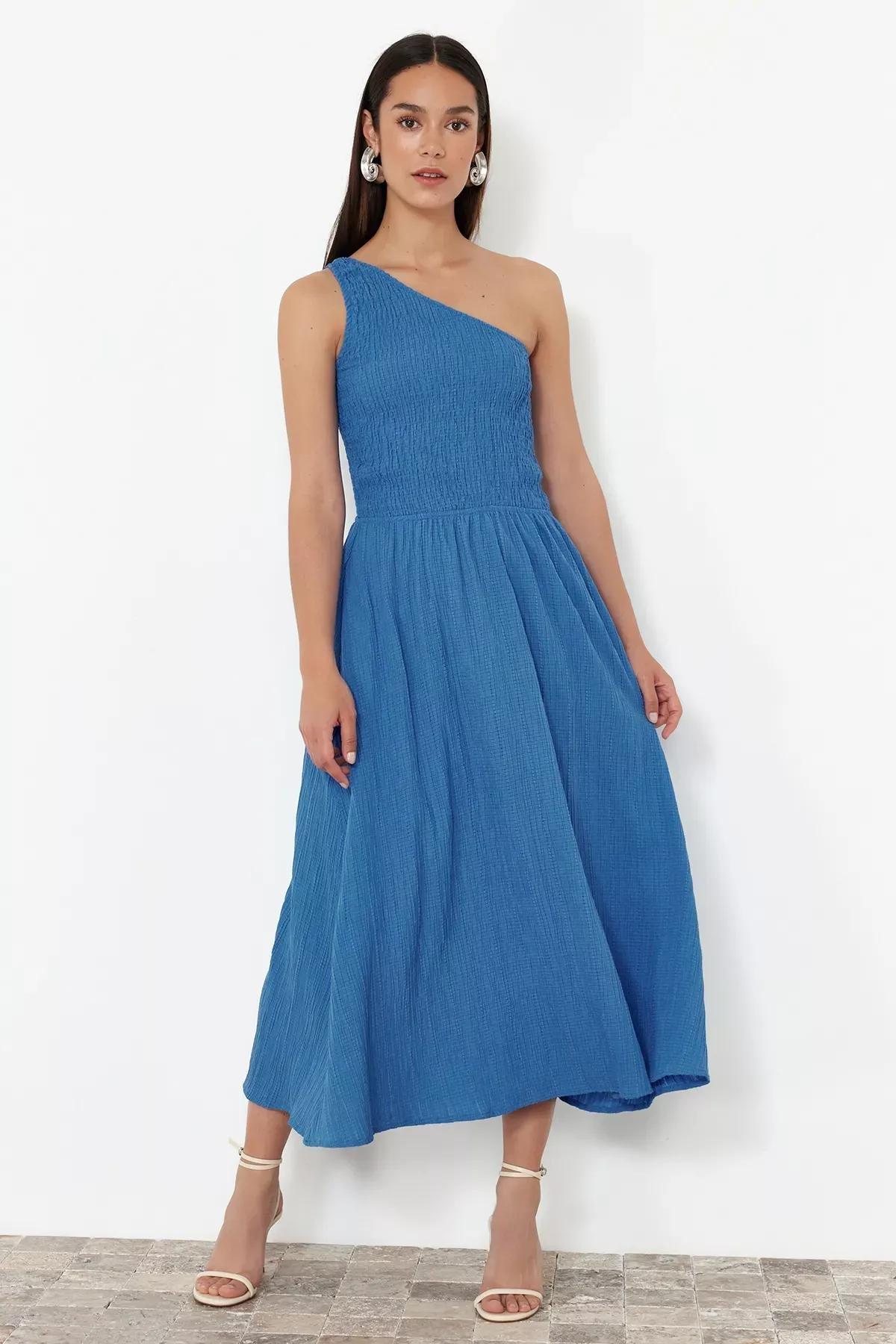 Blue One-Shoulder Detailed Midi Woven Dress, , large image number 0