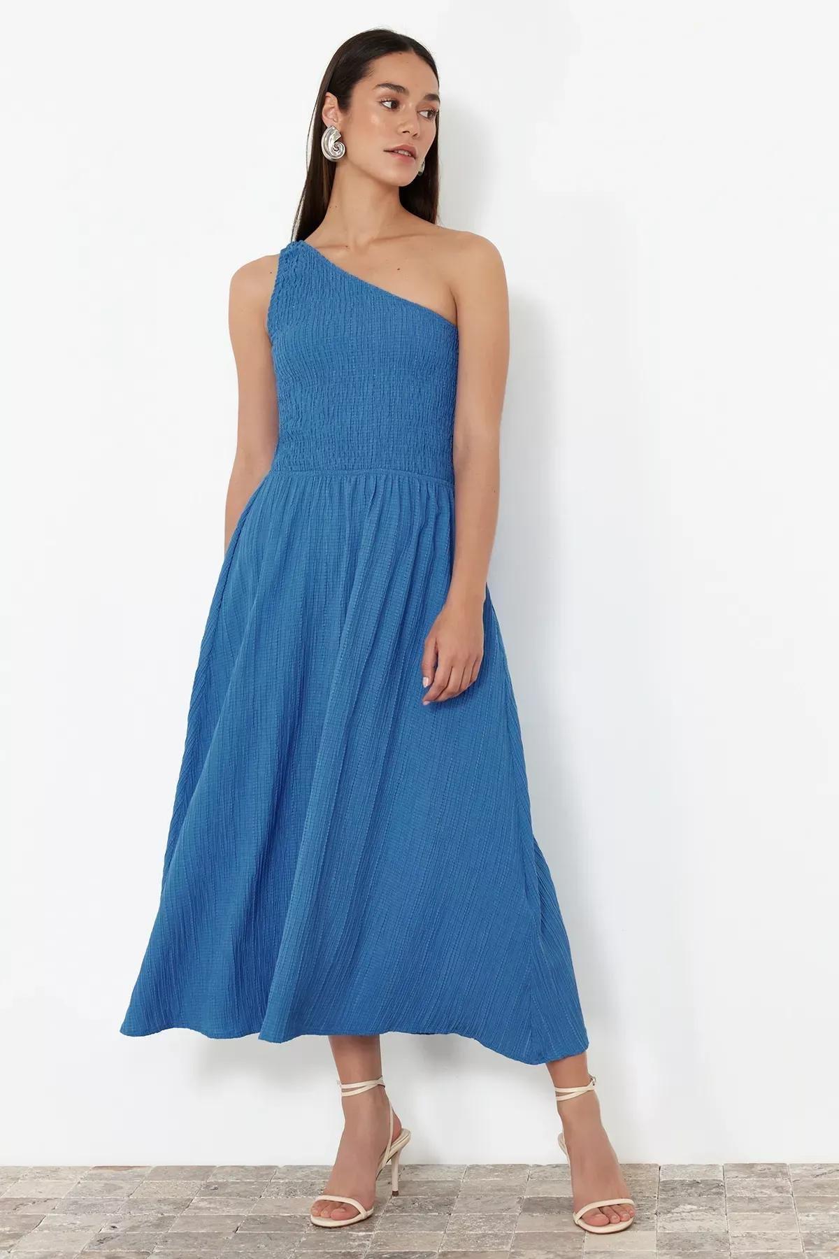 Blue One-Shoulder Detailed Midi Woven Dress, , large image number 1