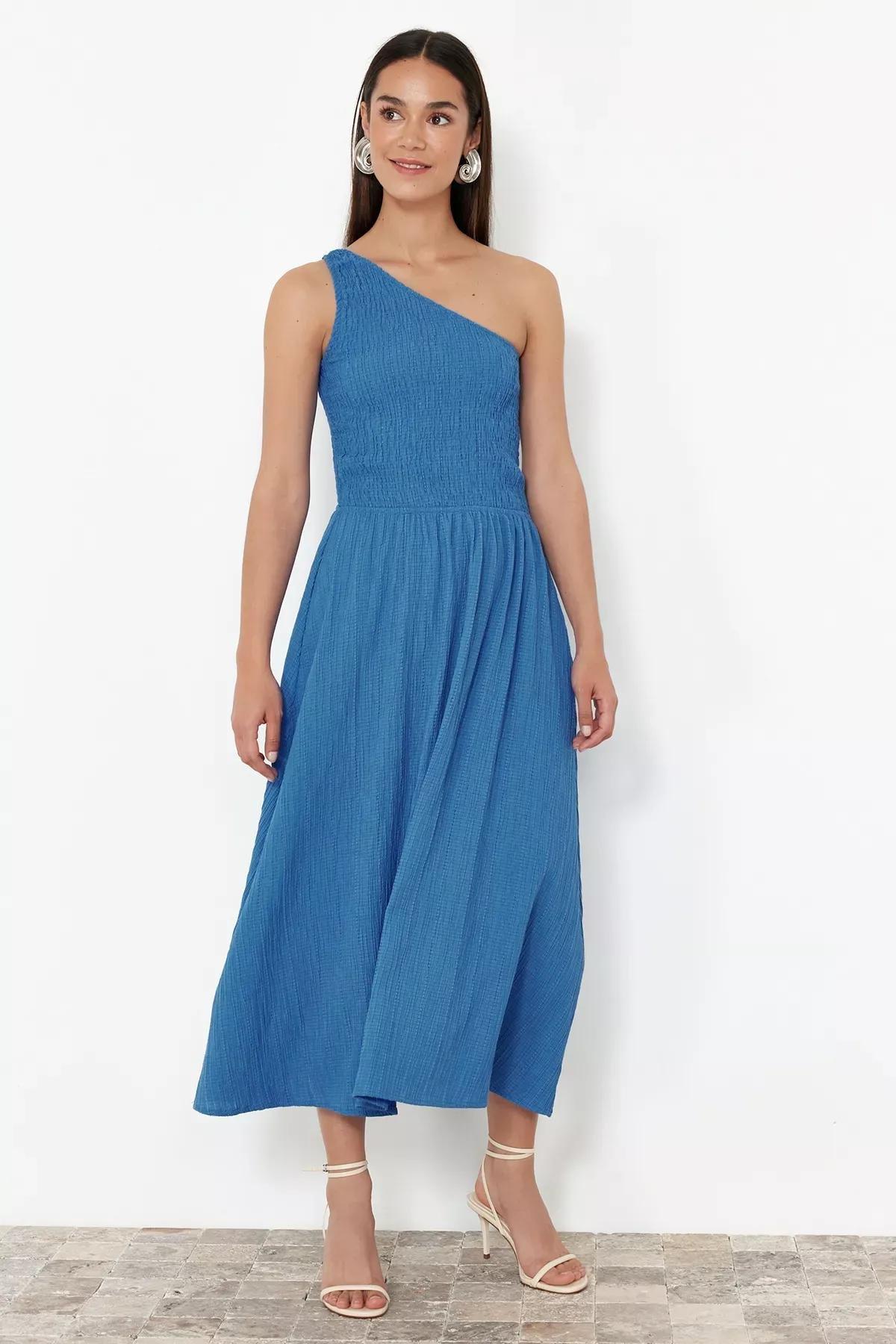 Blue One-Shoulder Detailed Midi Woven Dress, , large image number 2