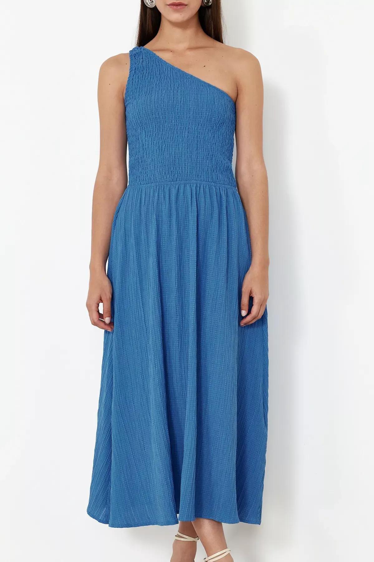 Blue One-Shoulder Detailed Midi Woven Dress, , large image number 4