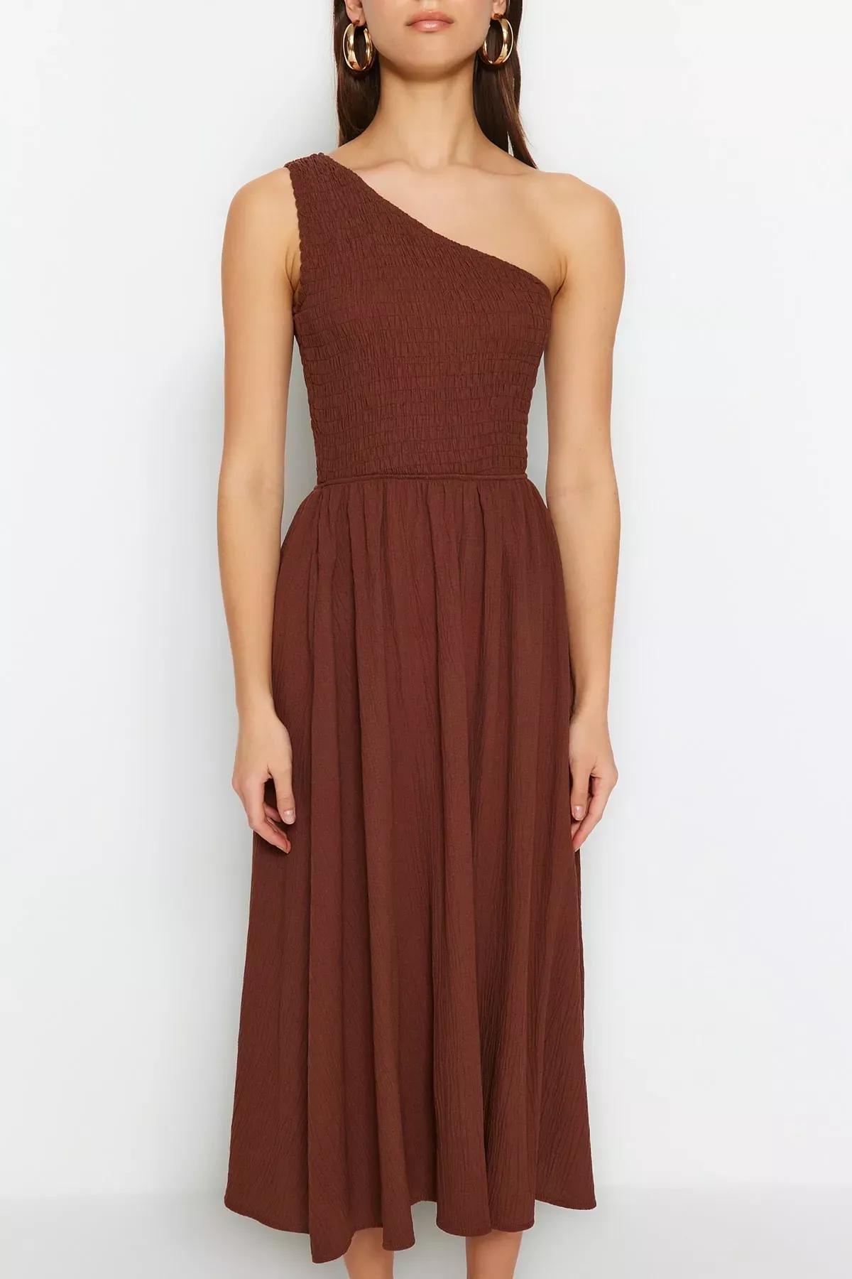 فستان منسوج بتفاصيل مزمومة، بني, Brown, large image number 1