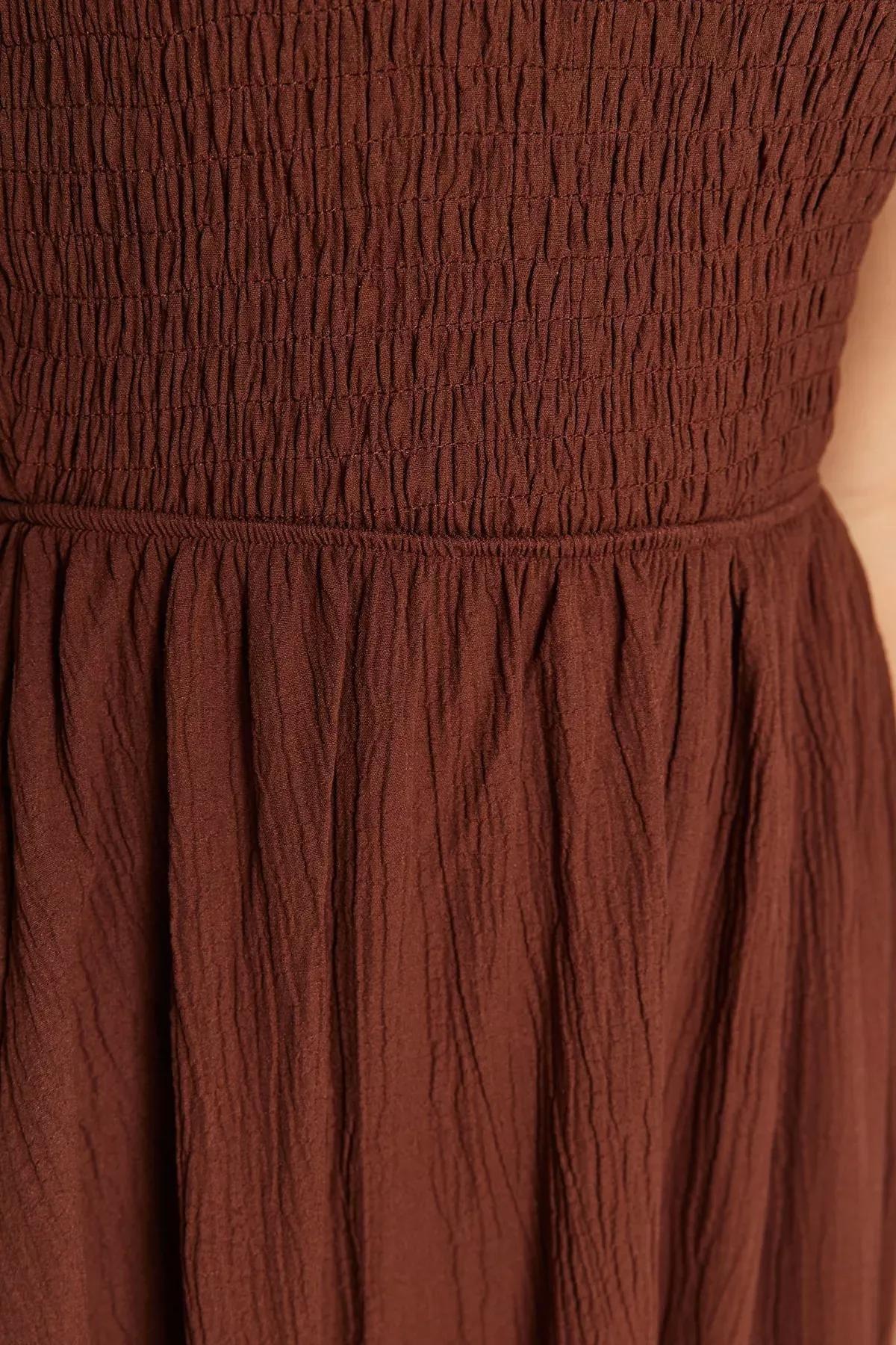 فستان منسوج بتفاصيل مزمومة، بني, Brown, large image number 3