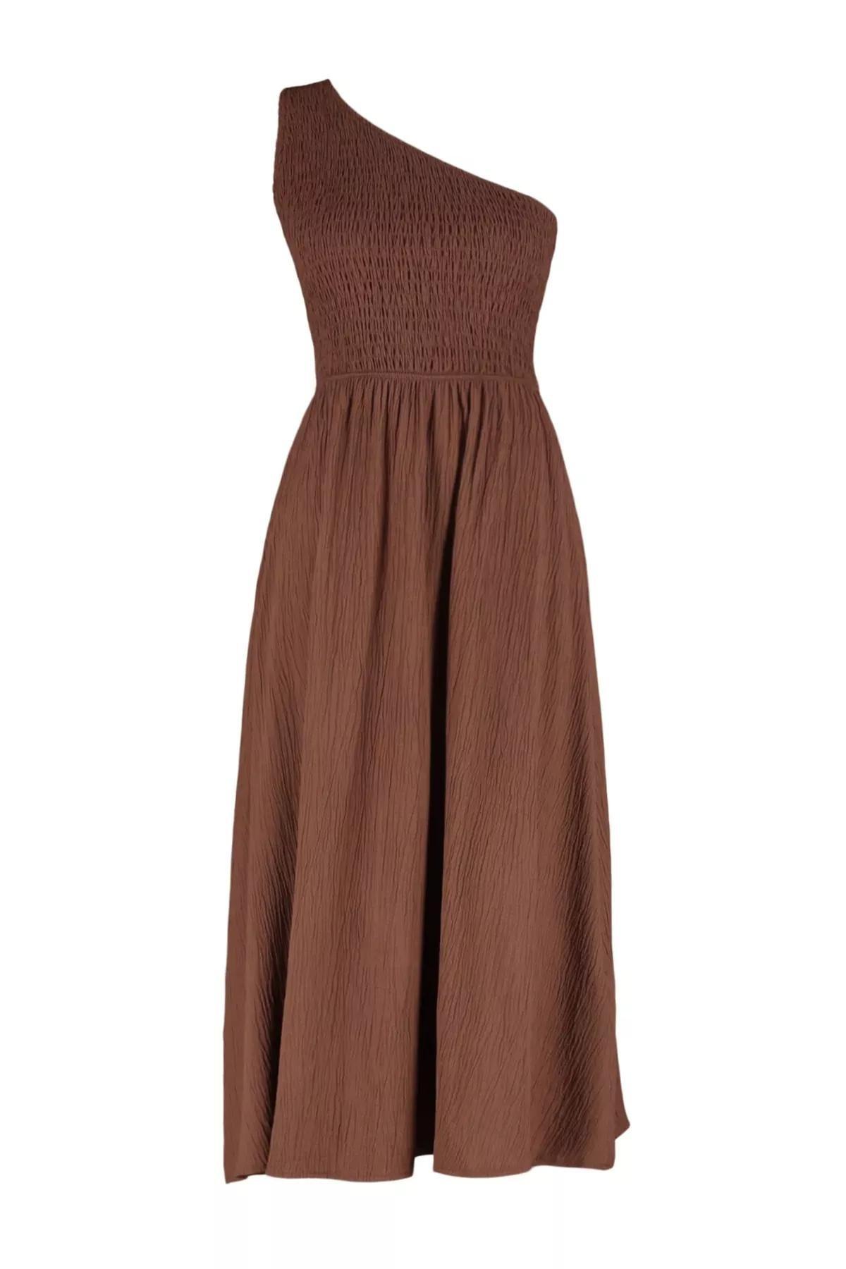 فستان منسوج بتفاصيل مزمومة، بني, Brown, large image number 4