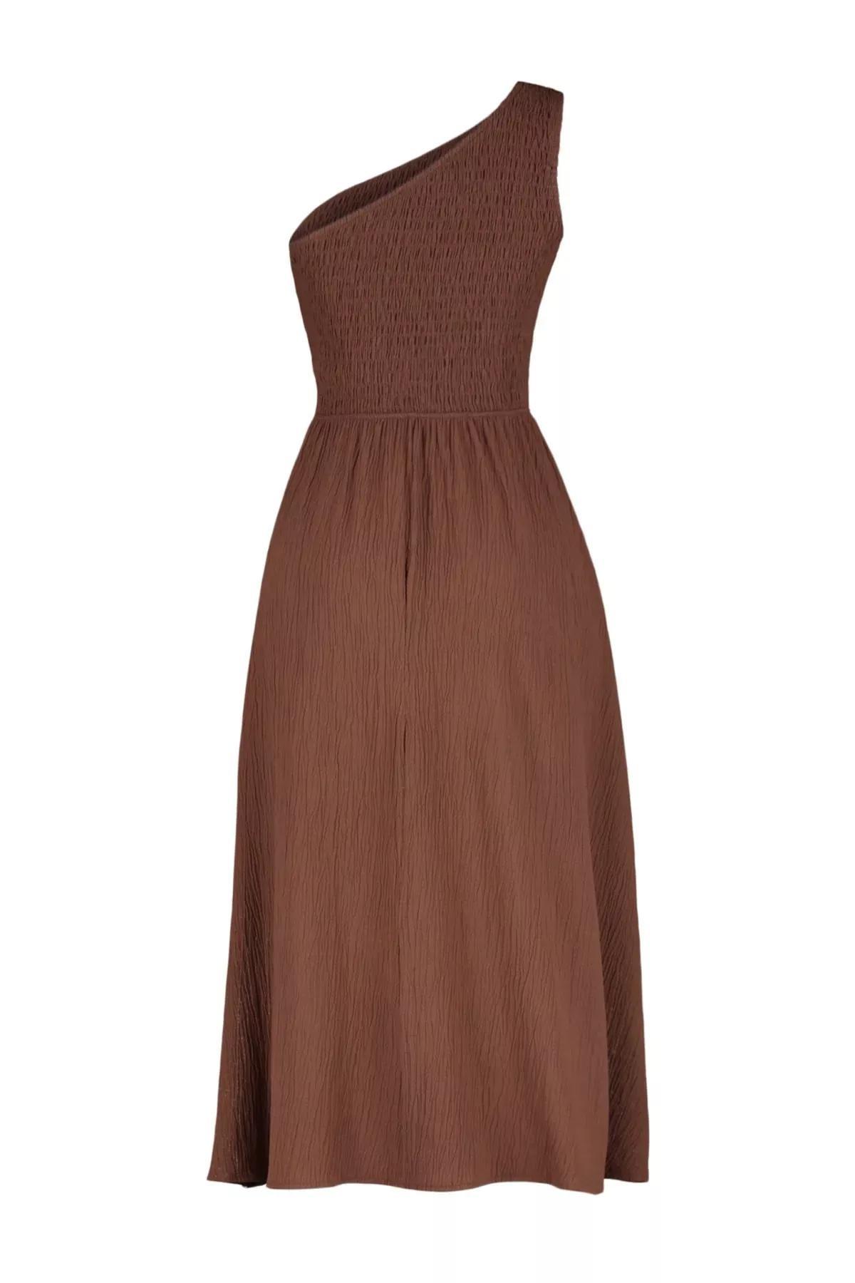 فستان منسوج بتفاصيل مزمومة، بني, Brown, large image number 5