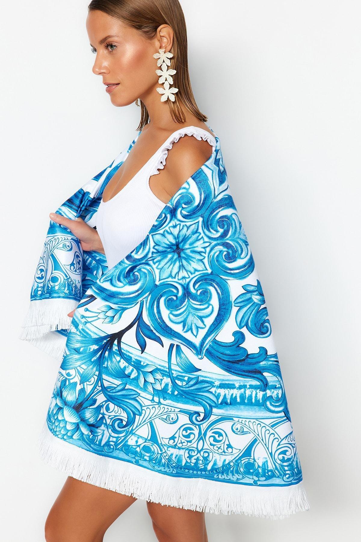 Blue Patterned Knitted Tassel Beach Towel, , large image number 0