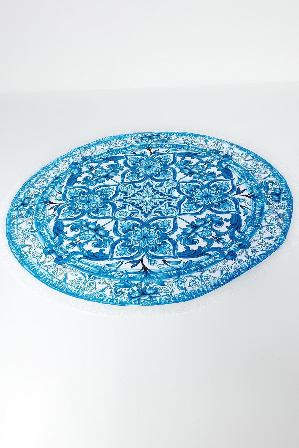 Blue Patterned Knitted Tassel Beach Towel, , large image number 2