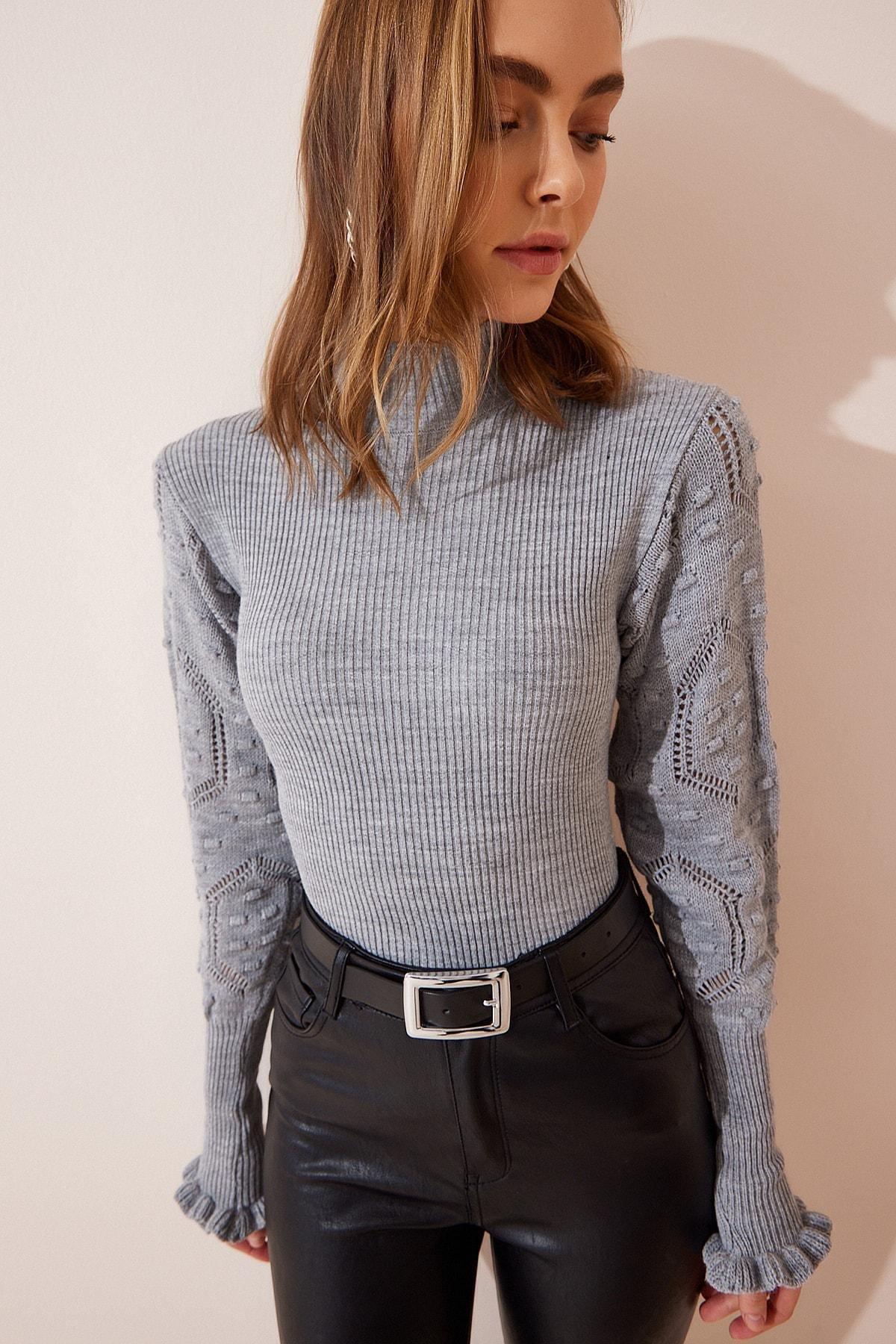 Gray Turtleneck Balloon Sleeve Knitwear Sweater, C101_1653, large image number 2