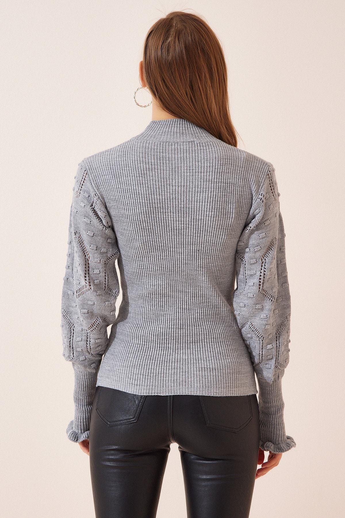 Gray Turtleneck Balloon Sleeve Knitwear Sweater, C101_1653, large image number 3