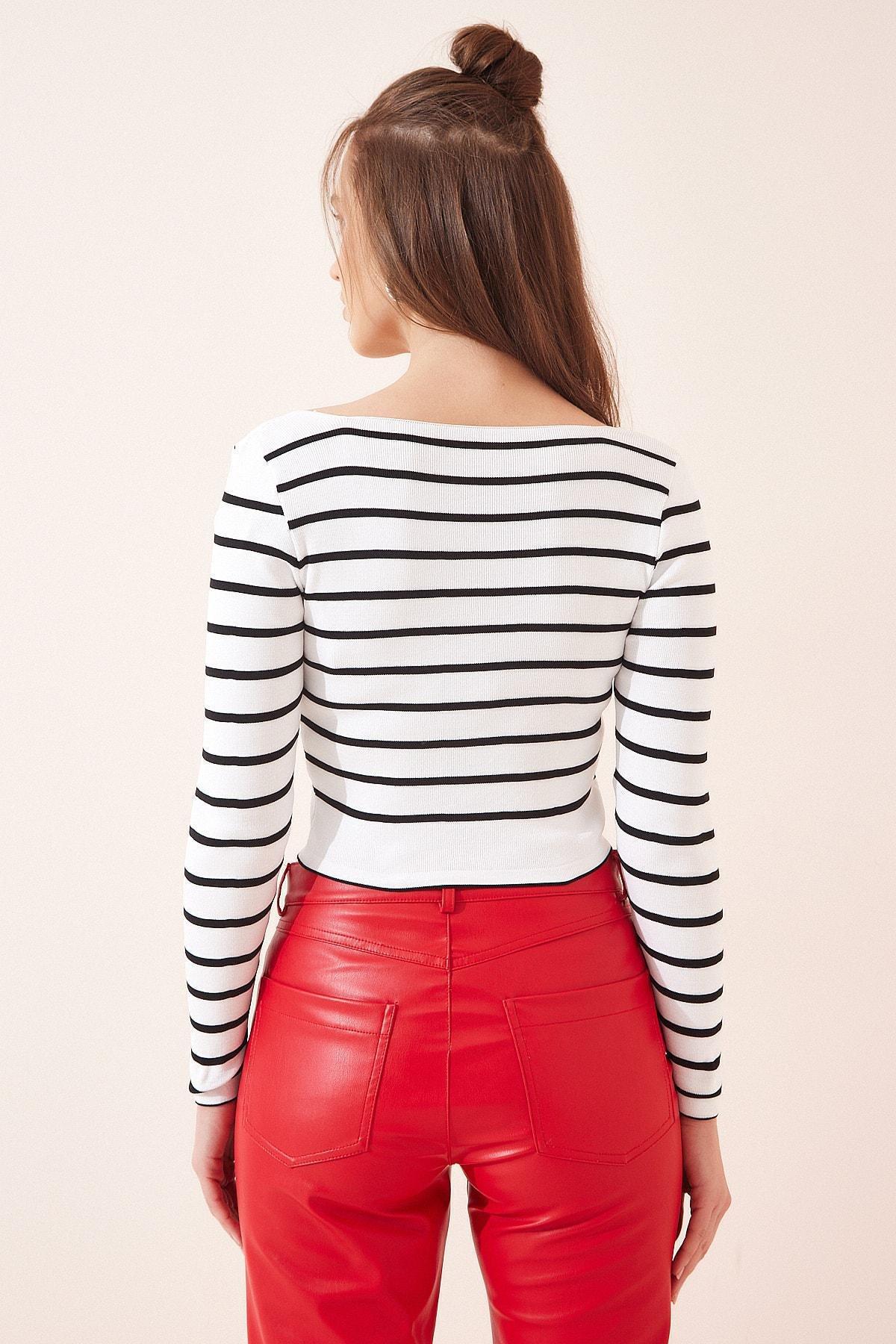 White Striped Knitwear Blouse, White, large image number 3