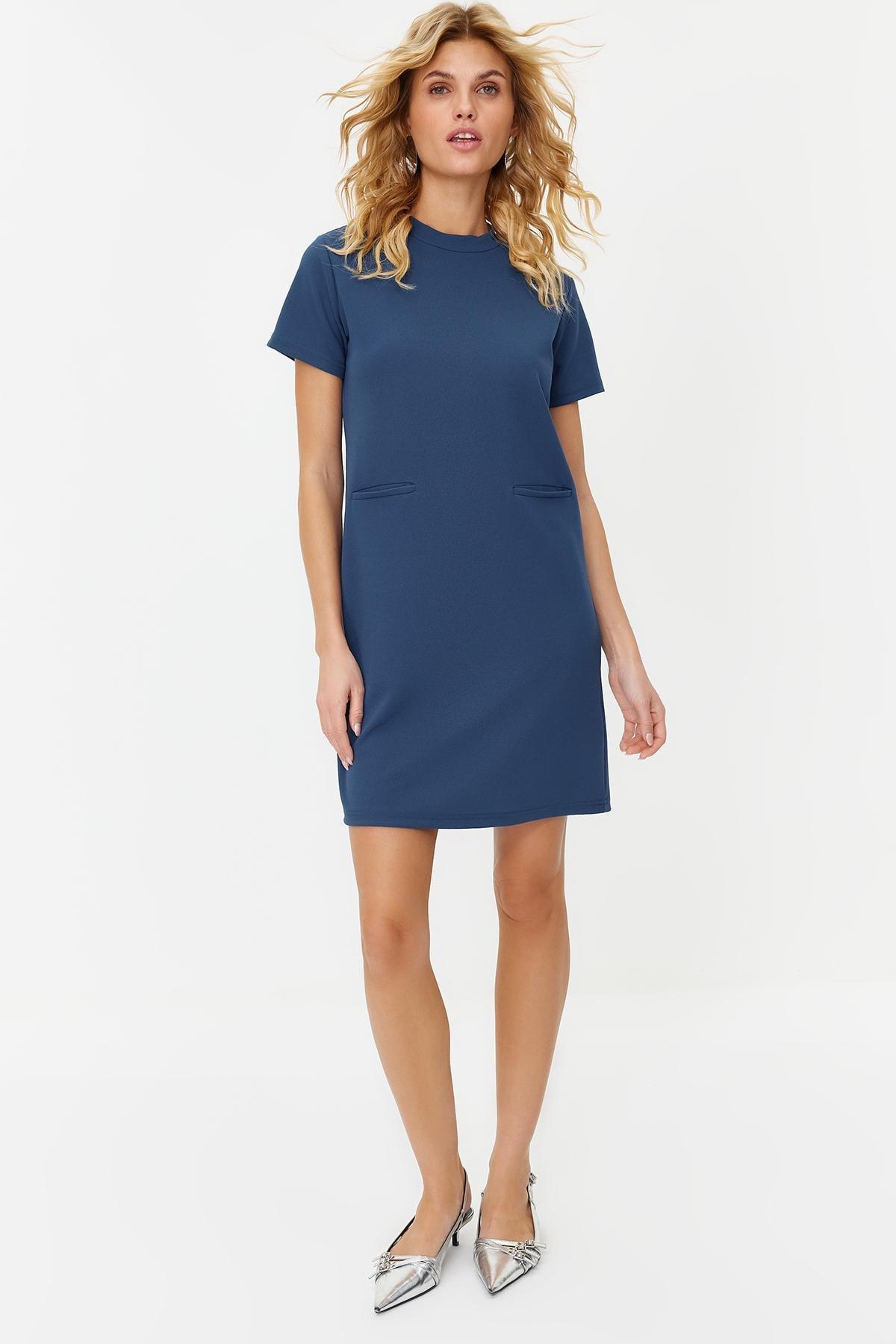 Blue Pocketed Knitted Mini Dress, , large image number 0