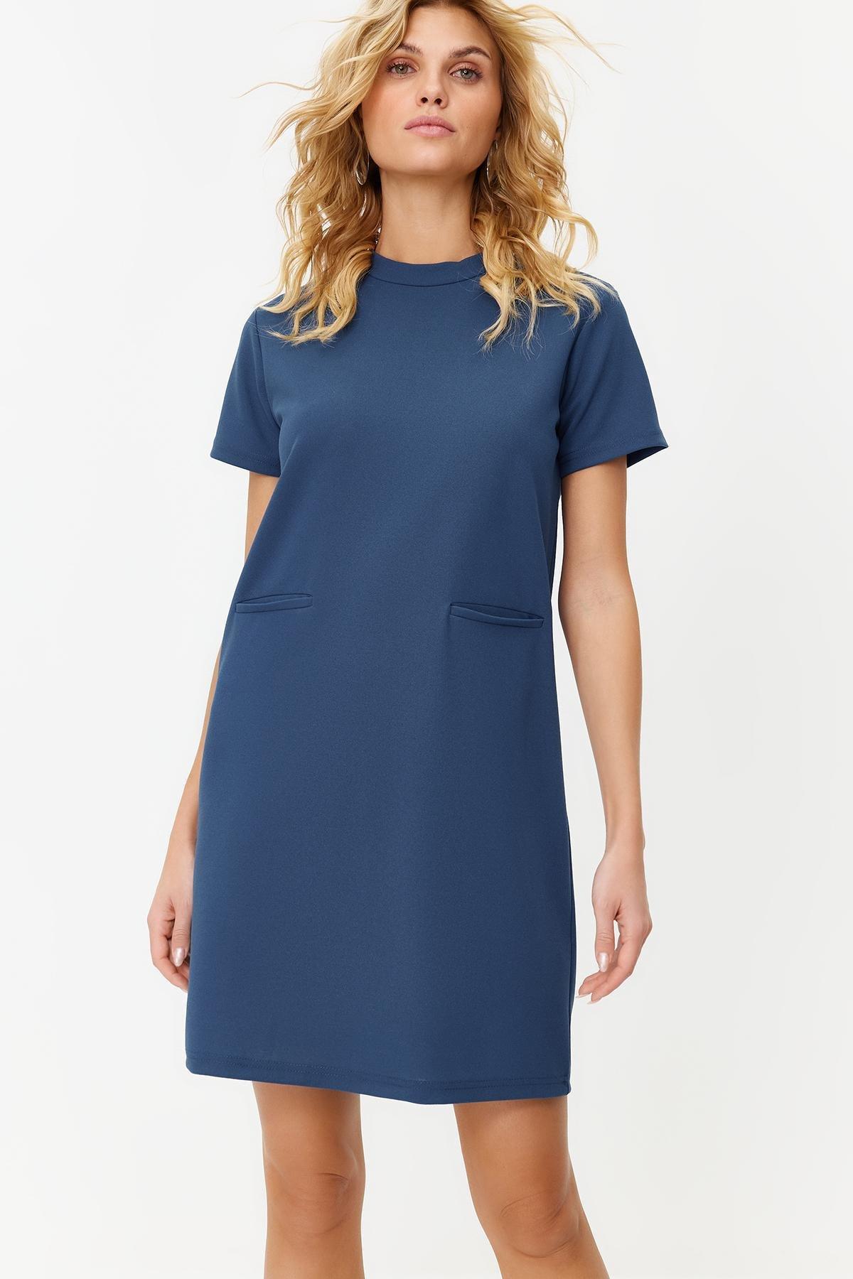 Blue Pocketed Knitted Mini Dress, , large image number 1