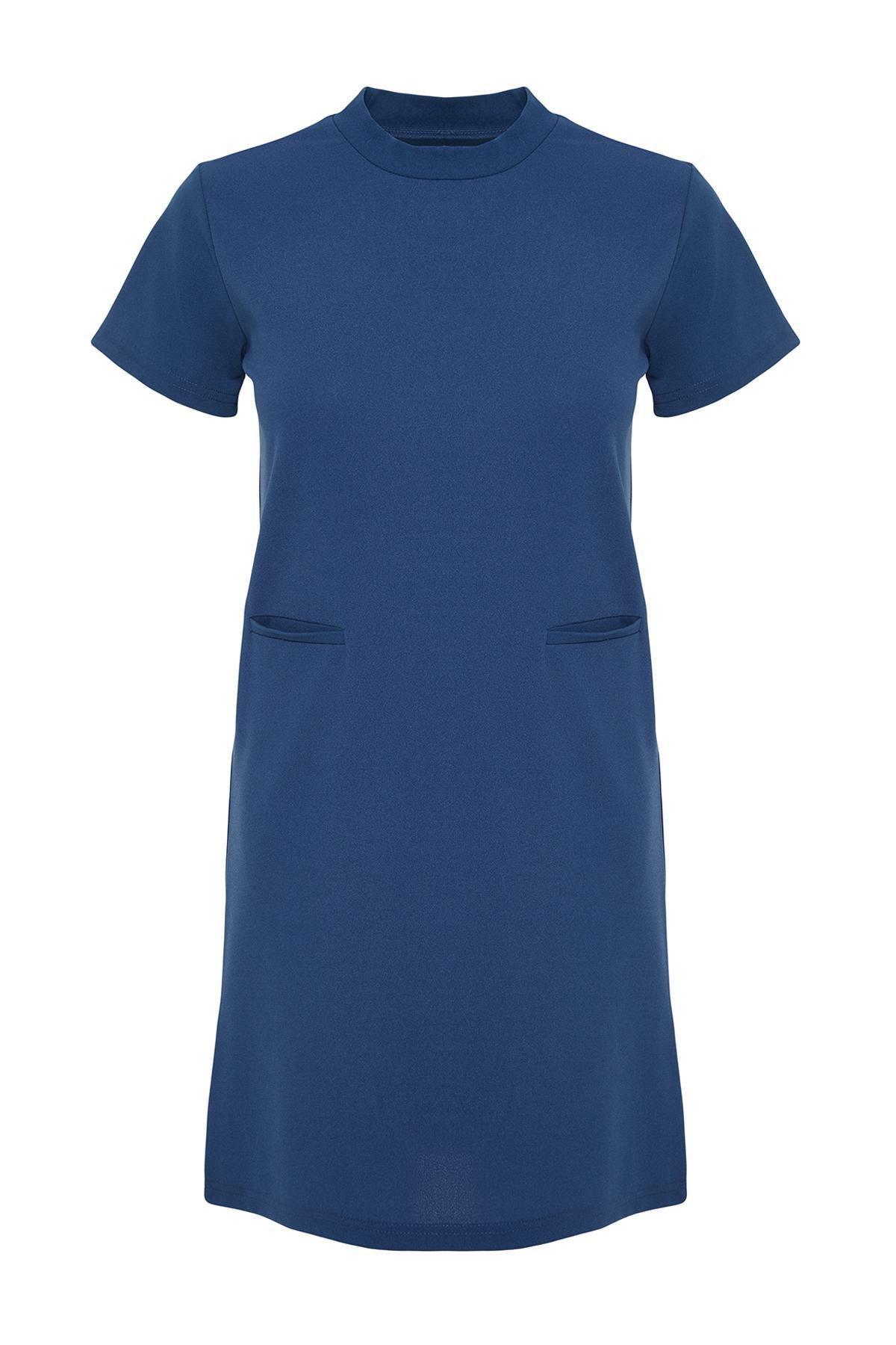 Blue Pocketed Knitted Mini Dress, , large image number 5