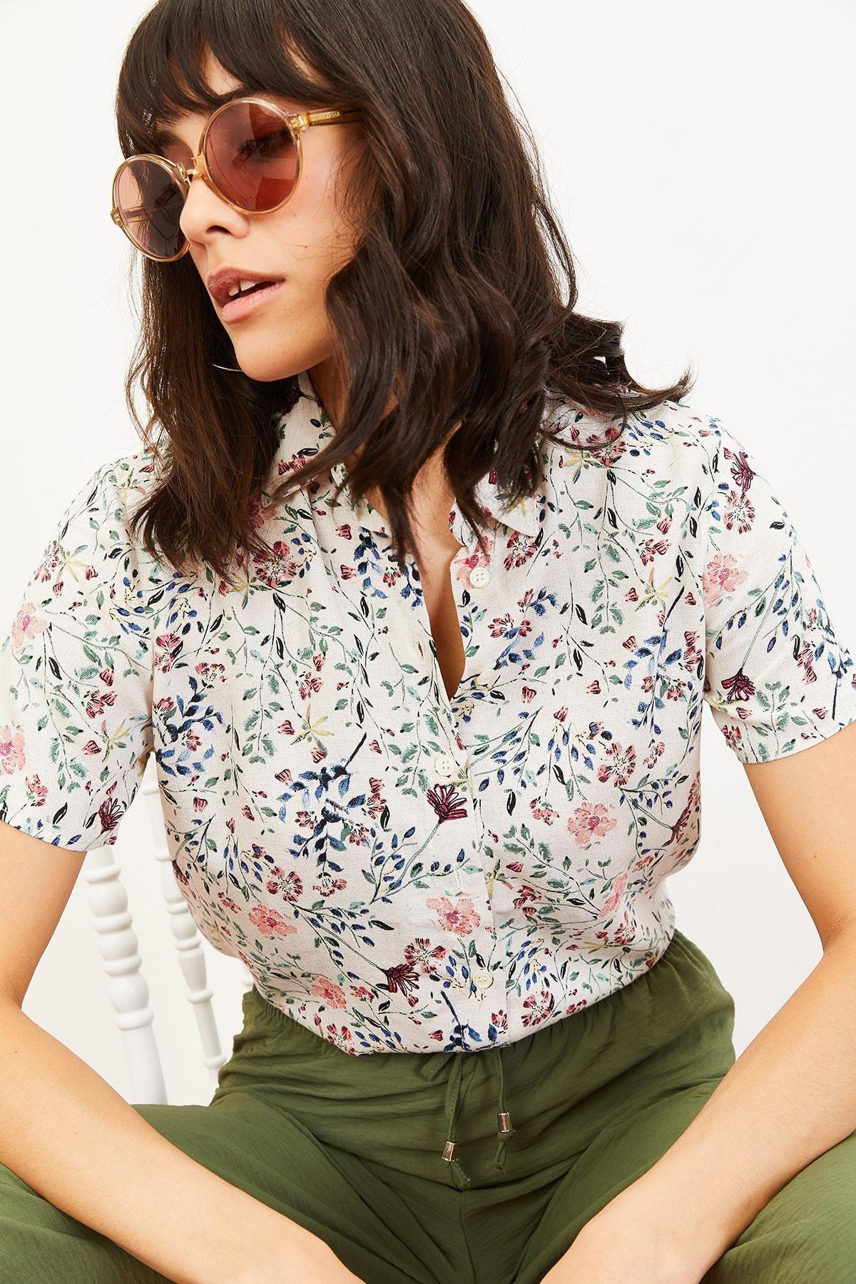 Pink Floral Pattern Linen Look Shirt, , medium