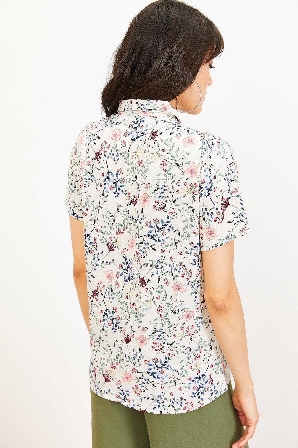 Multicolour Floral Pattern Linen Look Shirt, , large image number 1