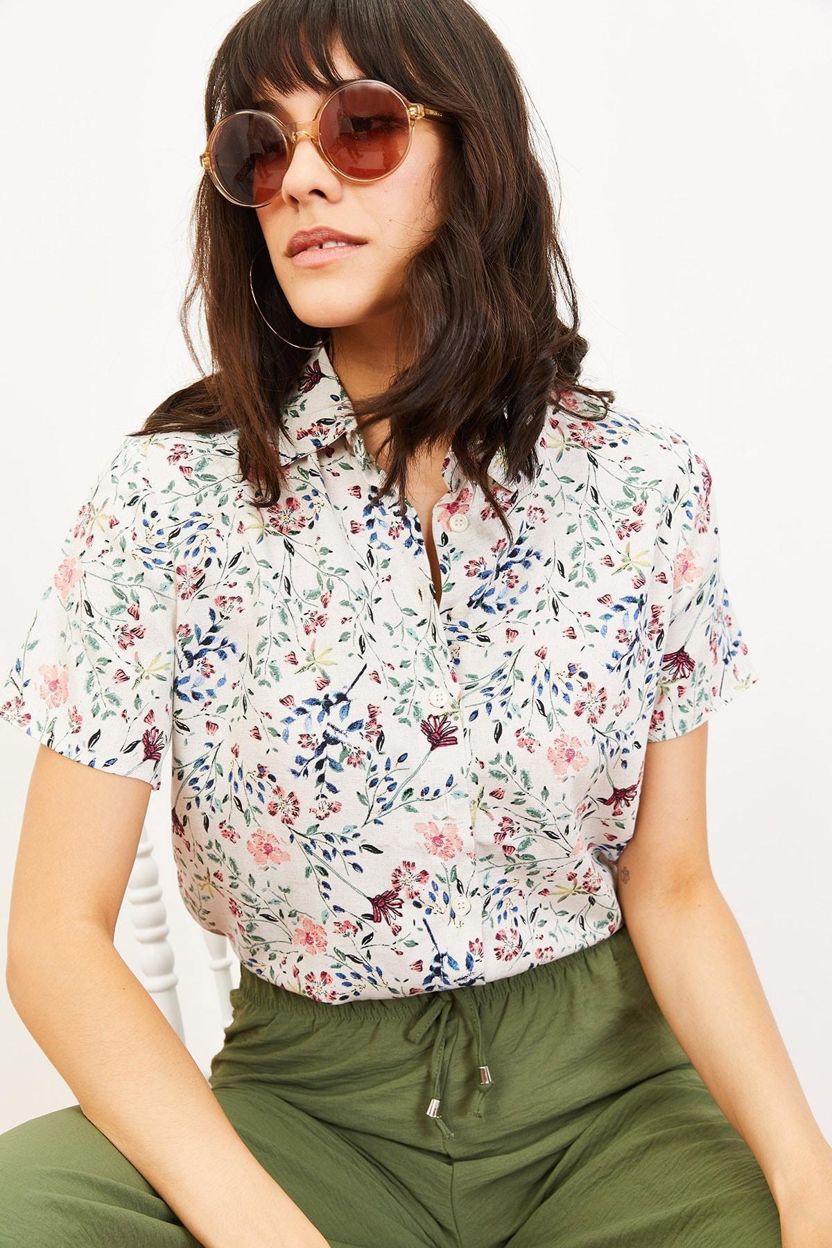 Multicolour Floral Pattern Linen Look Shirt, , large image number 2