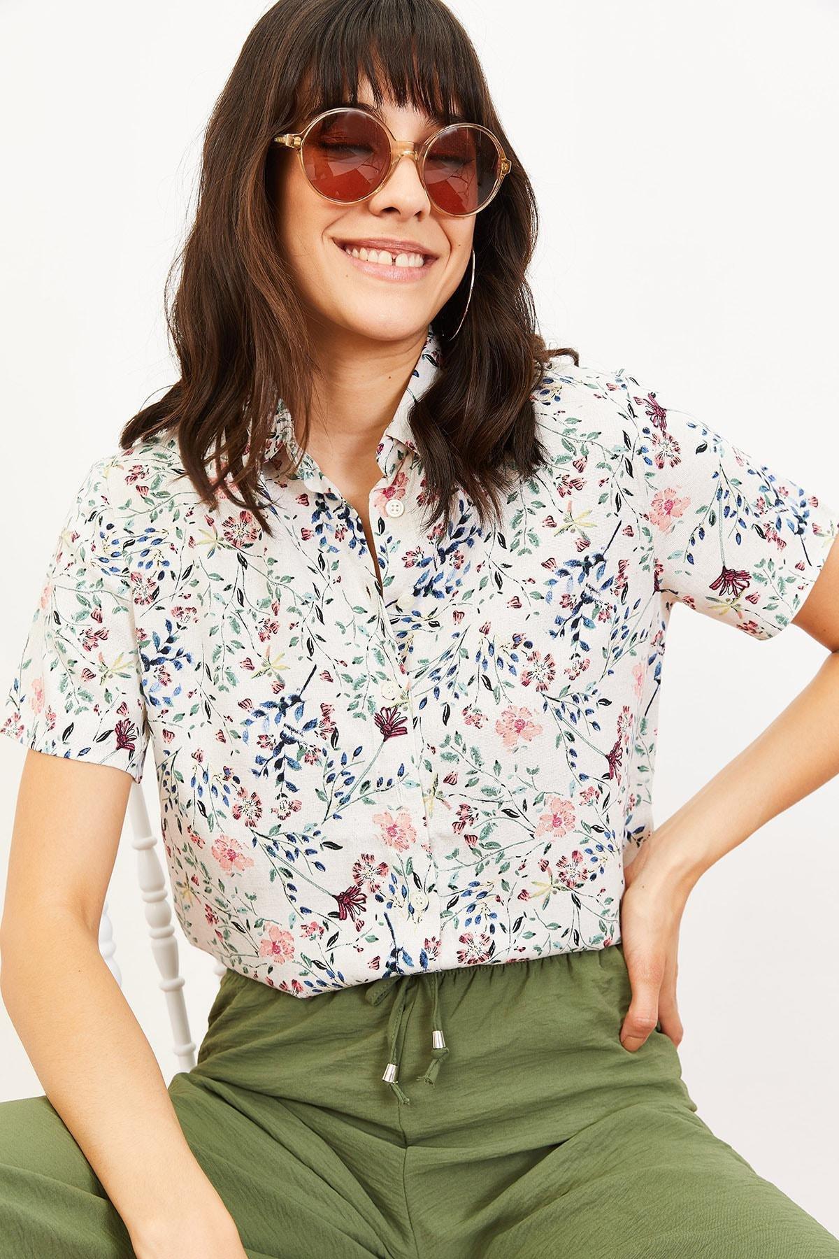Multicolour Floral Pattern Linen Look Shirt, , large image number 3