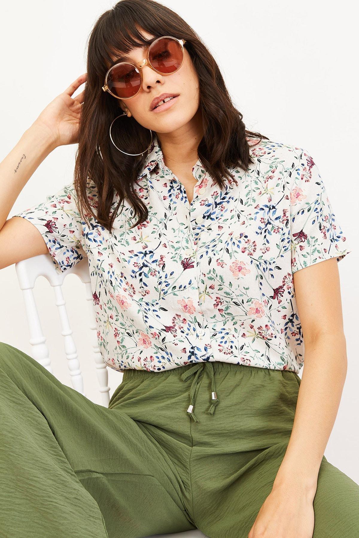 Multicolour Floral Pattern Linen Look Shirt, , large image number 4