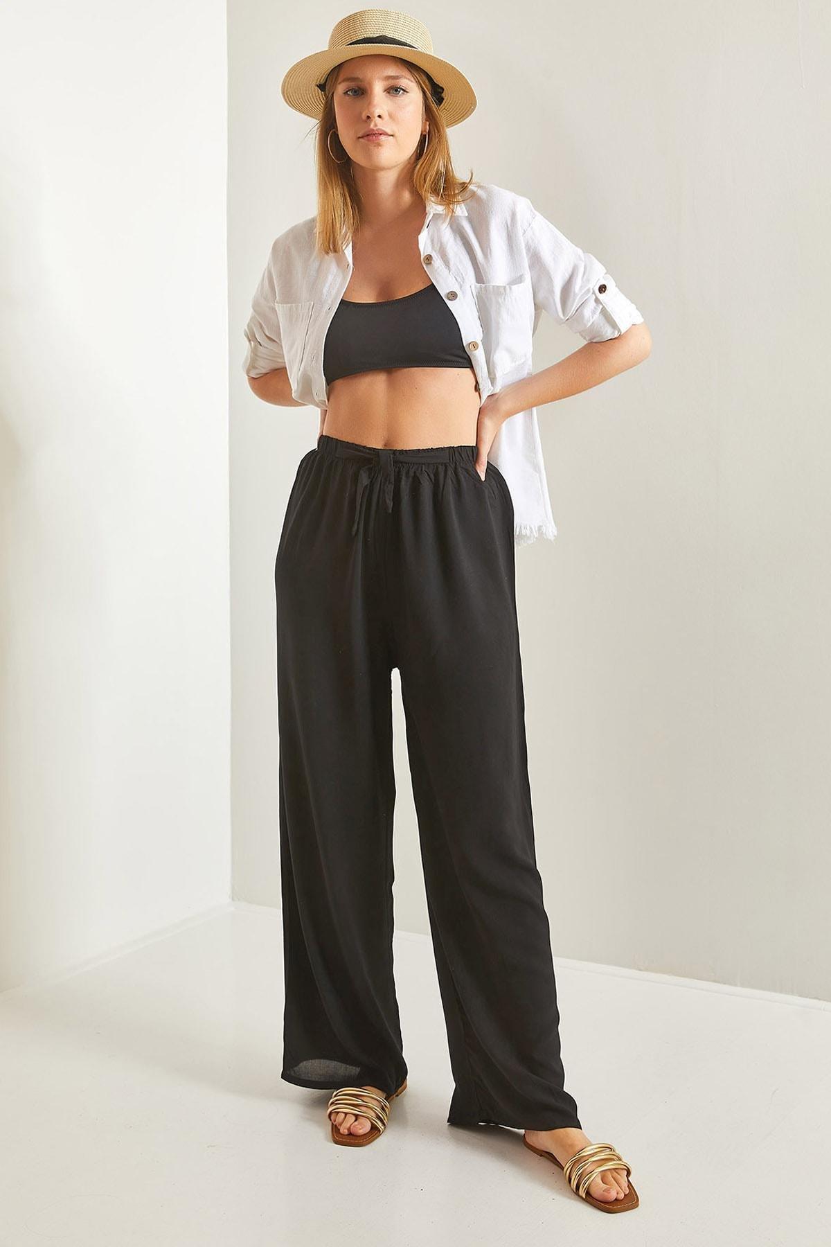 Black Belted Wide Leg Trousers, , large image number 0