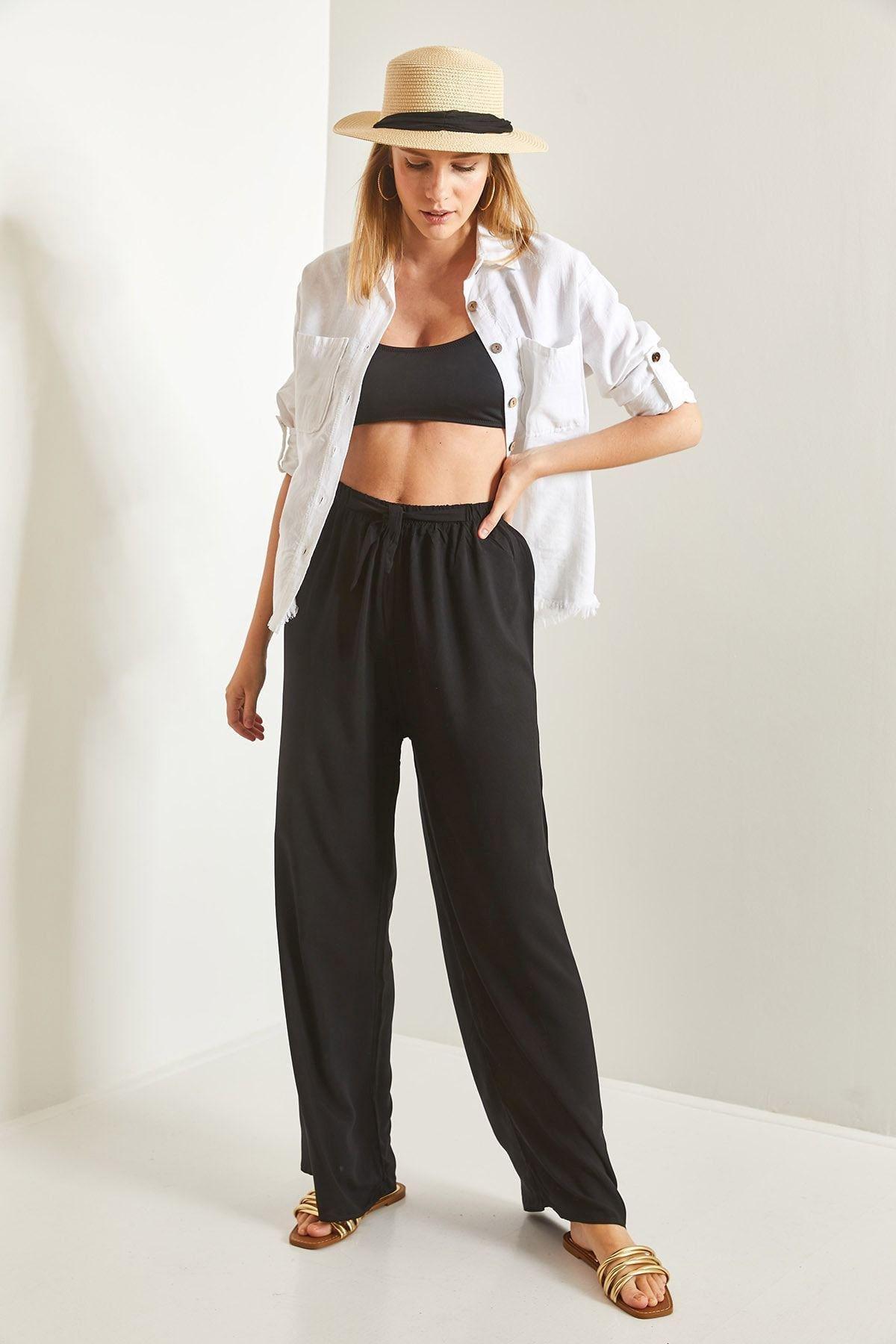 Black Belted Wide Leg Trousers, , large image number 1