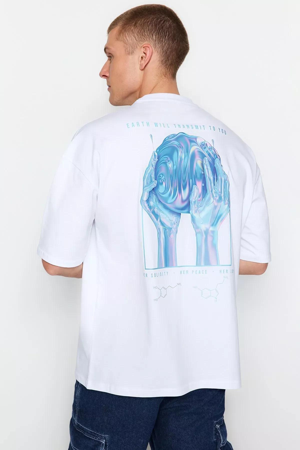 White Printed Oversize T-Shirt, White, medium