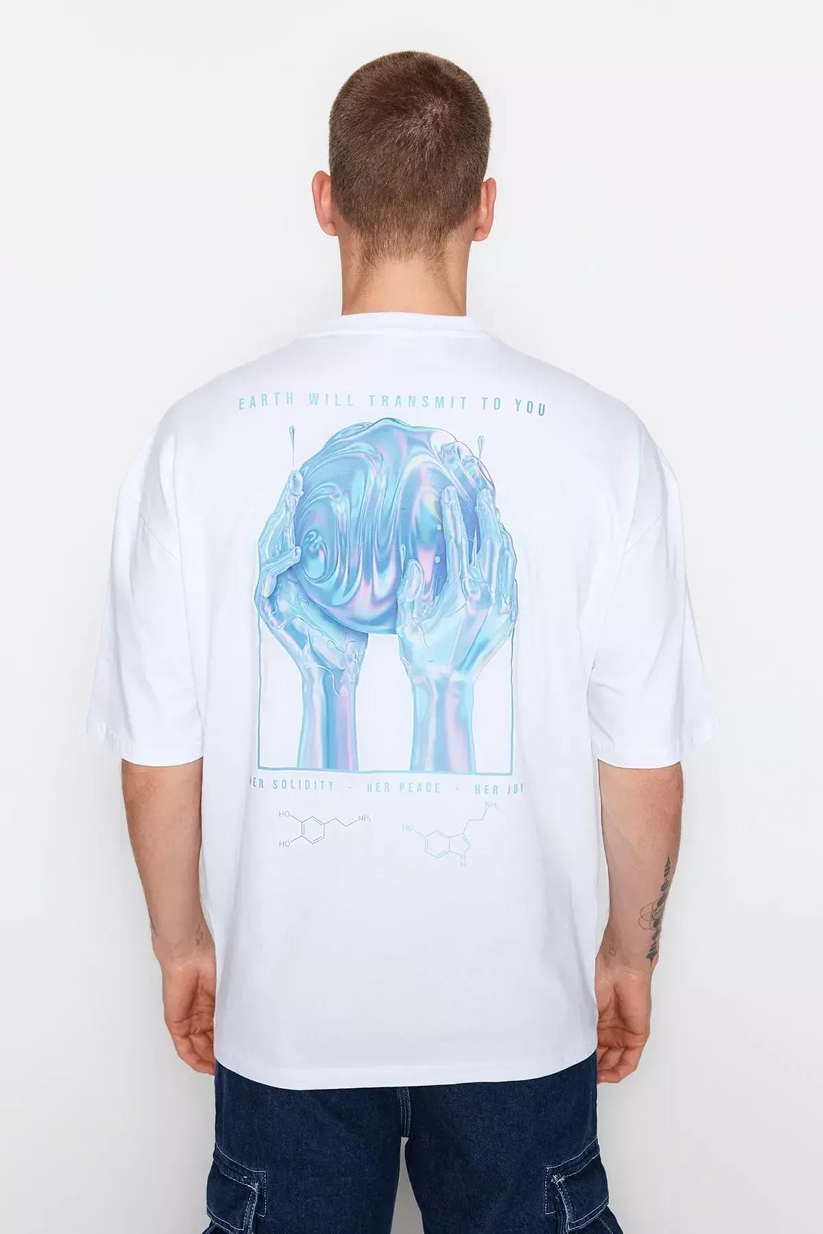 White Printed Oversize T-Shirt, White, large image number 1