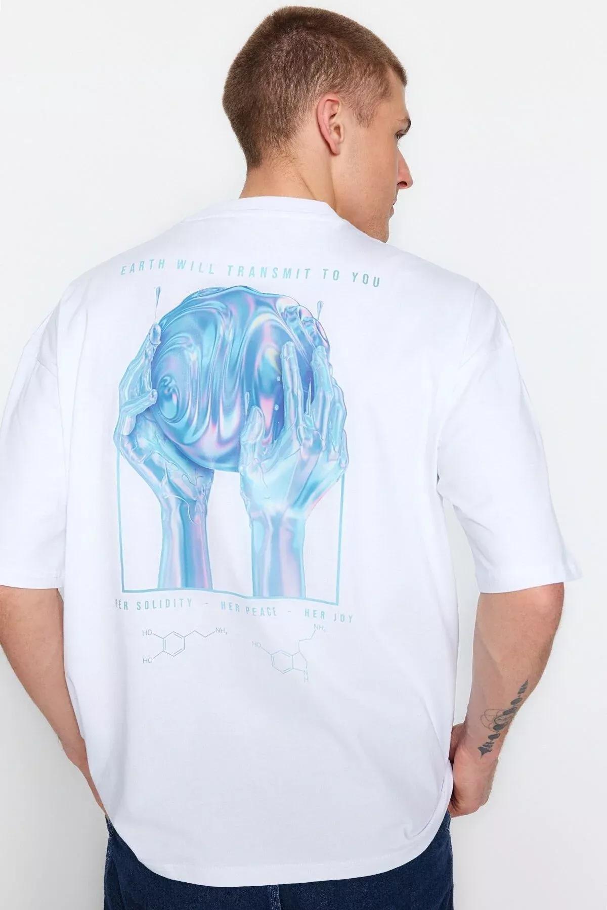 White Printed Oversize T-Shirt, White, large image number 3